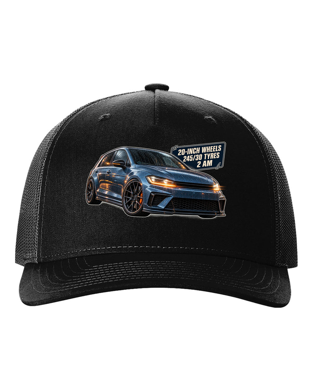 print of a Boost Blue Honda Civic Type R FK8 on a night touge road black hat front view with the design