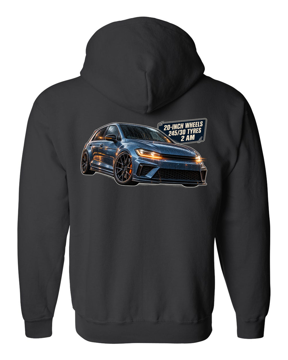 print of a Boost Blue Honda Civic Type R FK8 on a night touge road black zip hoodie back view with the design