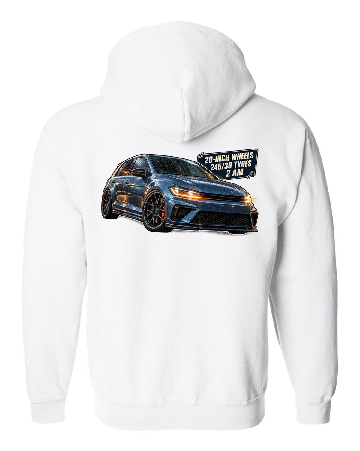 print of a Boost Blue Honda Civic Type R FK8 on a night touge road white zip hoodie back view with the design