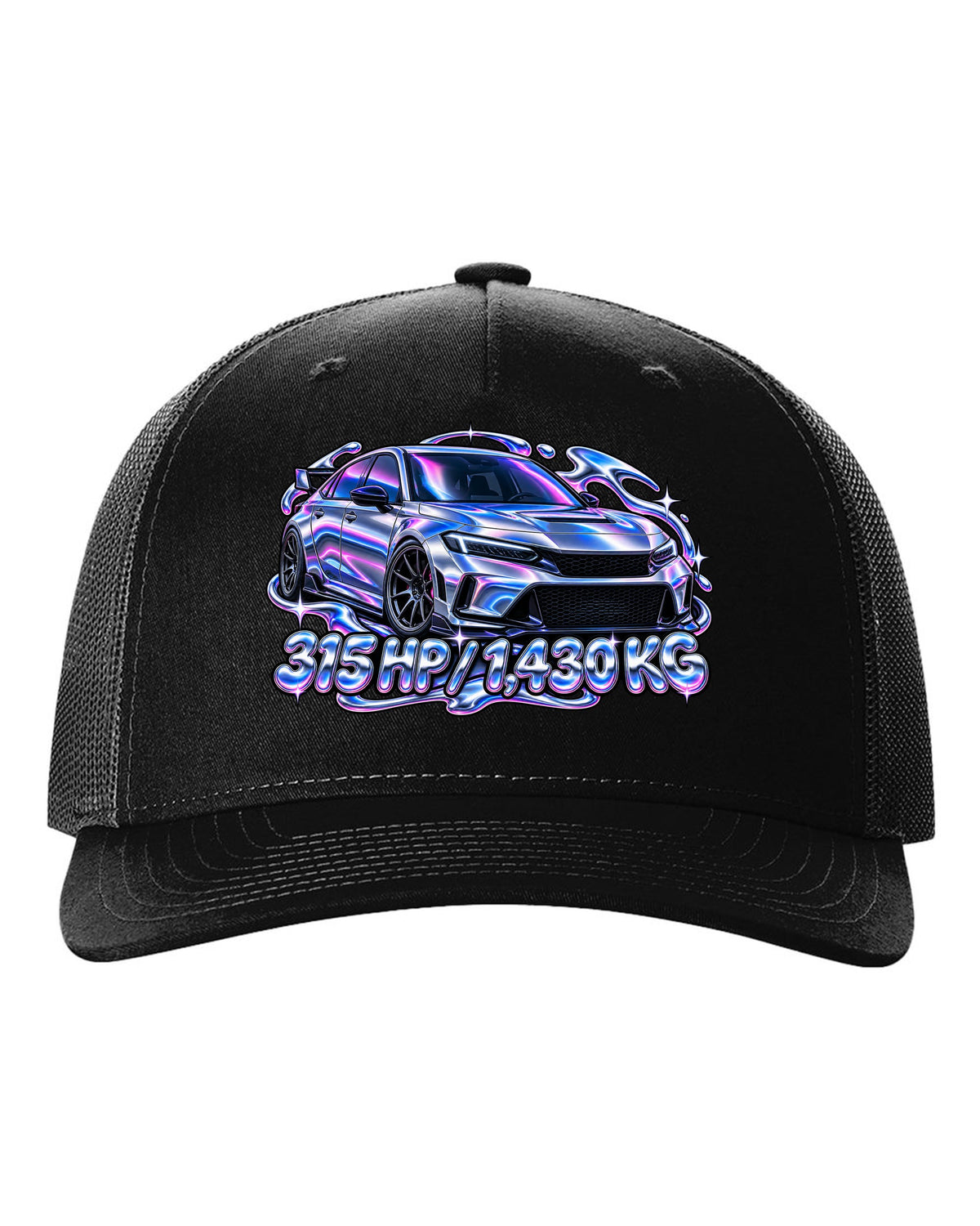 Y2K chrome gradient print of a Honda Civic Type R FL5 with 315 HP and 1,430 KG text black hat front view with the design