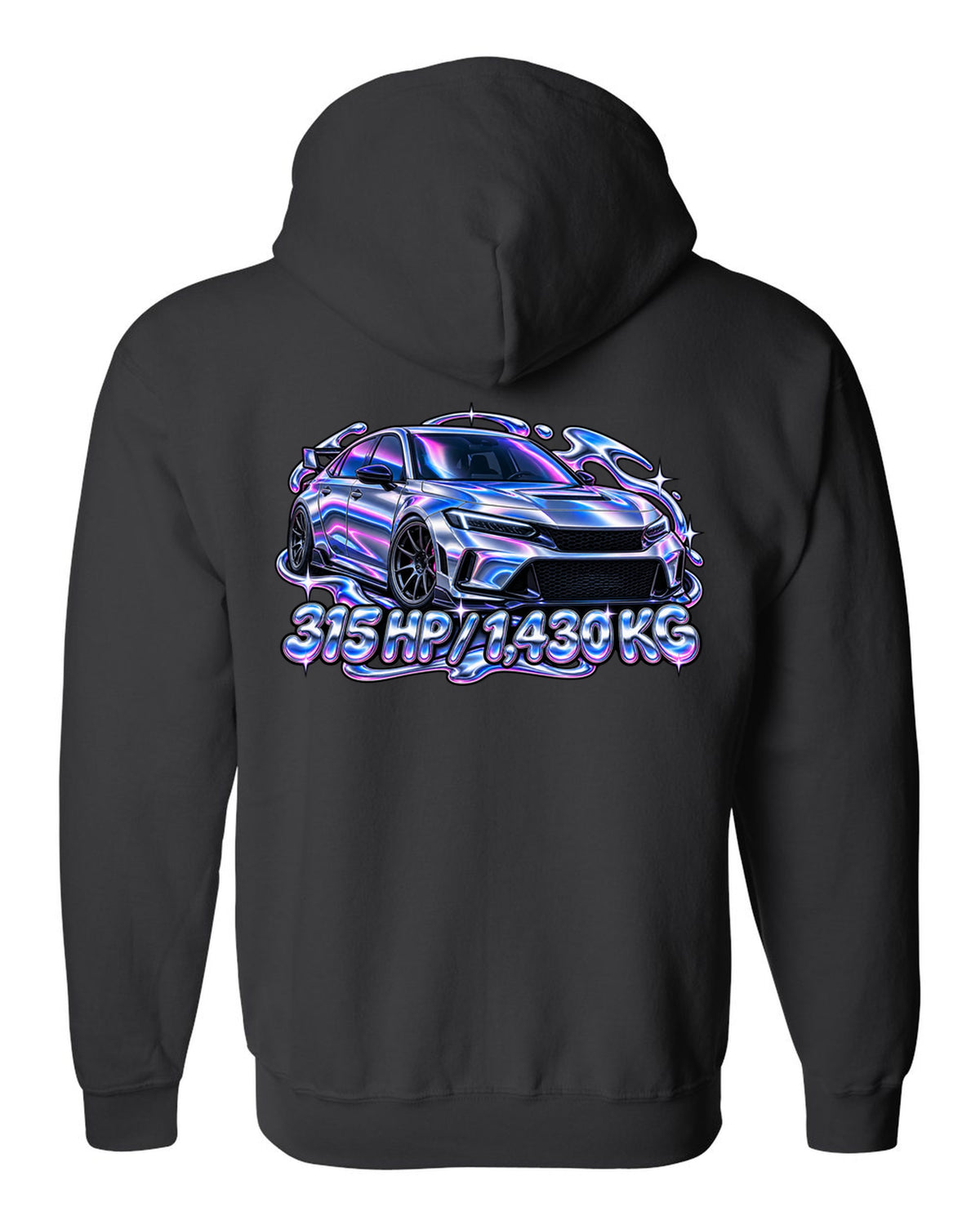 Y2K chrome gradient print of a Honda Civic Type R FL5 with 315 HP and 1,430 KG text black zip hoodie back view with the design