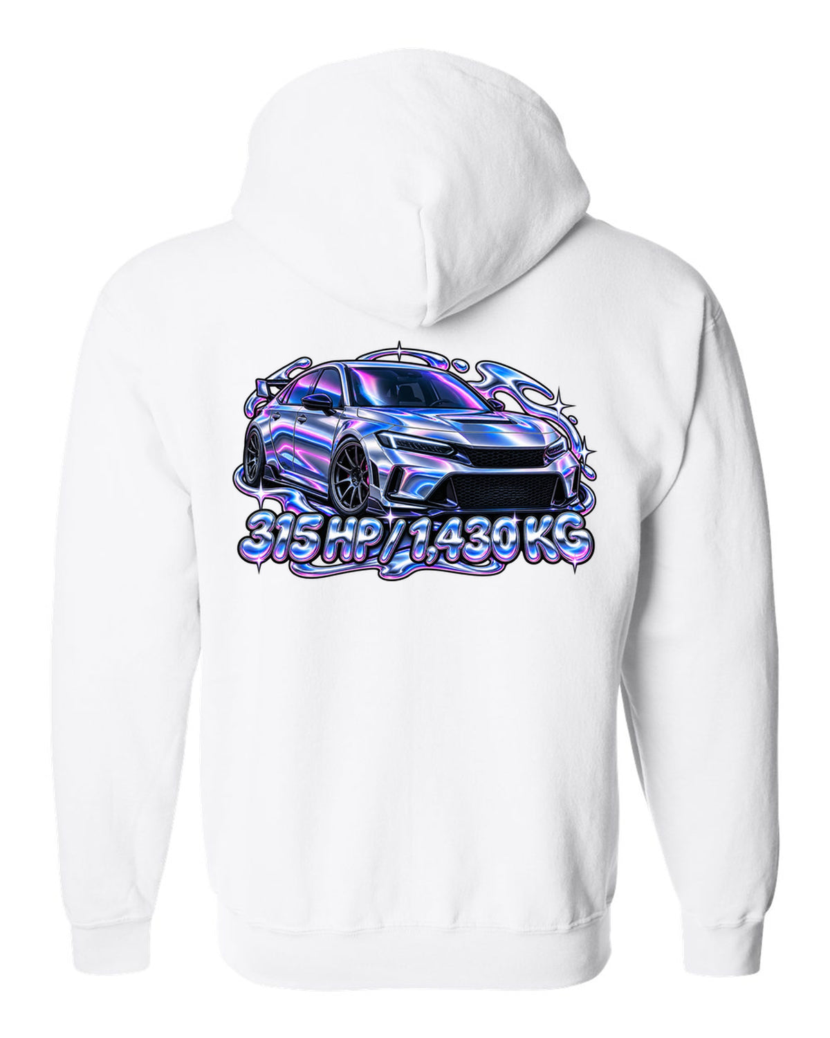 Y2K chrome gradient print of a Honda Civic Type R FL5 with 315 HP and 1,430 KG text white zip hoodie back view with the design