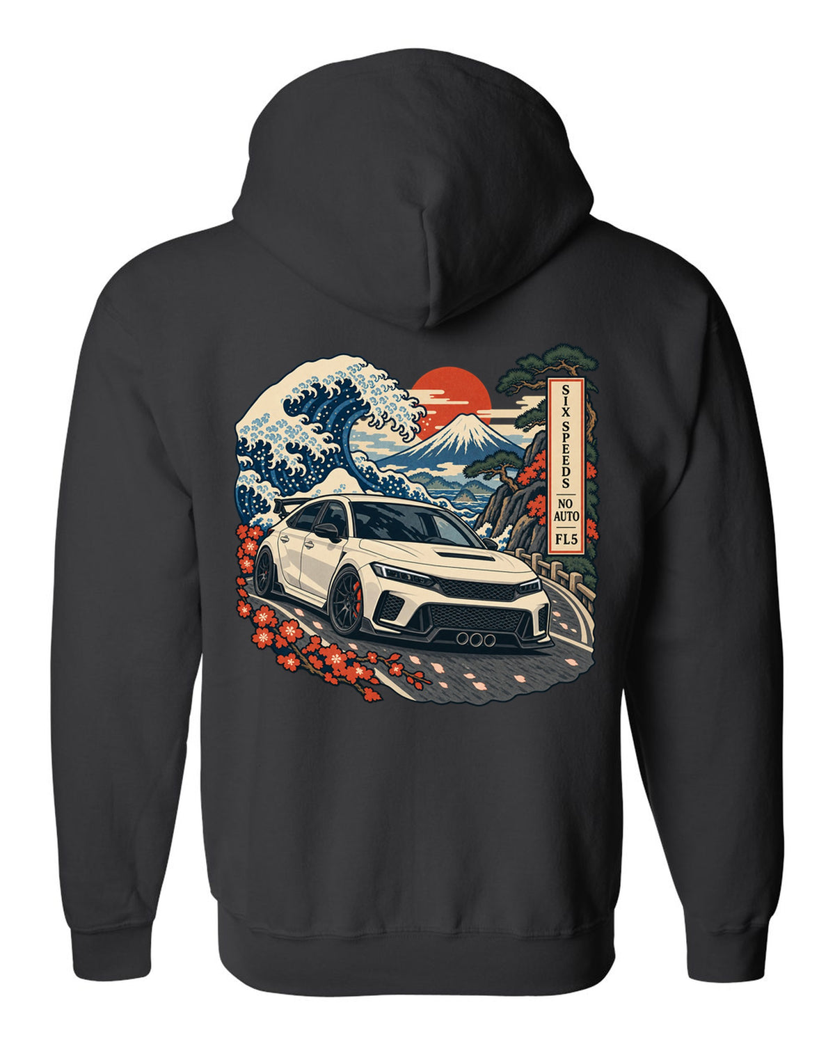 Ukiyo-e woodblock print of a 2023 Honda Civic Type R FL5 on a Fuji pass with six speeds no auto text black zip hoodie back view with the design