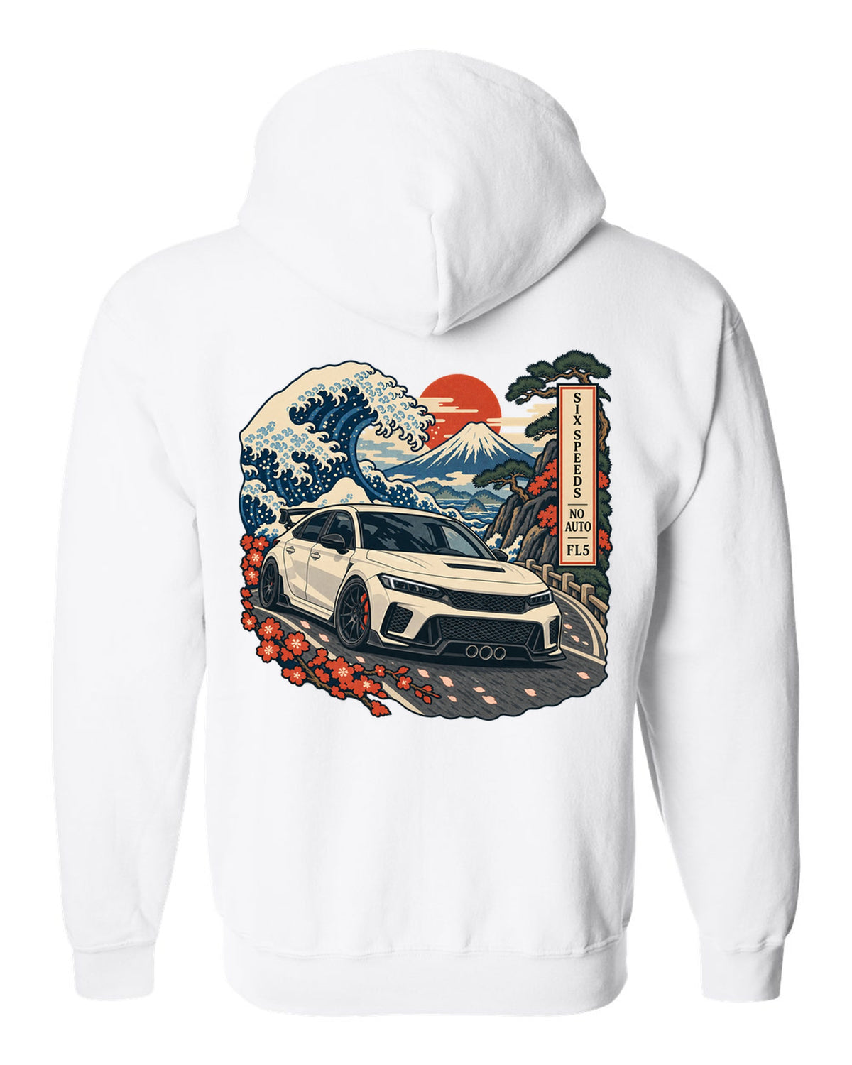 Ukiyo-e woodblock print of a 2023 Honda Civic Type R FL5 on a Fuji pass with six speeds no auto text white zip hoodie back view with the design