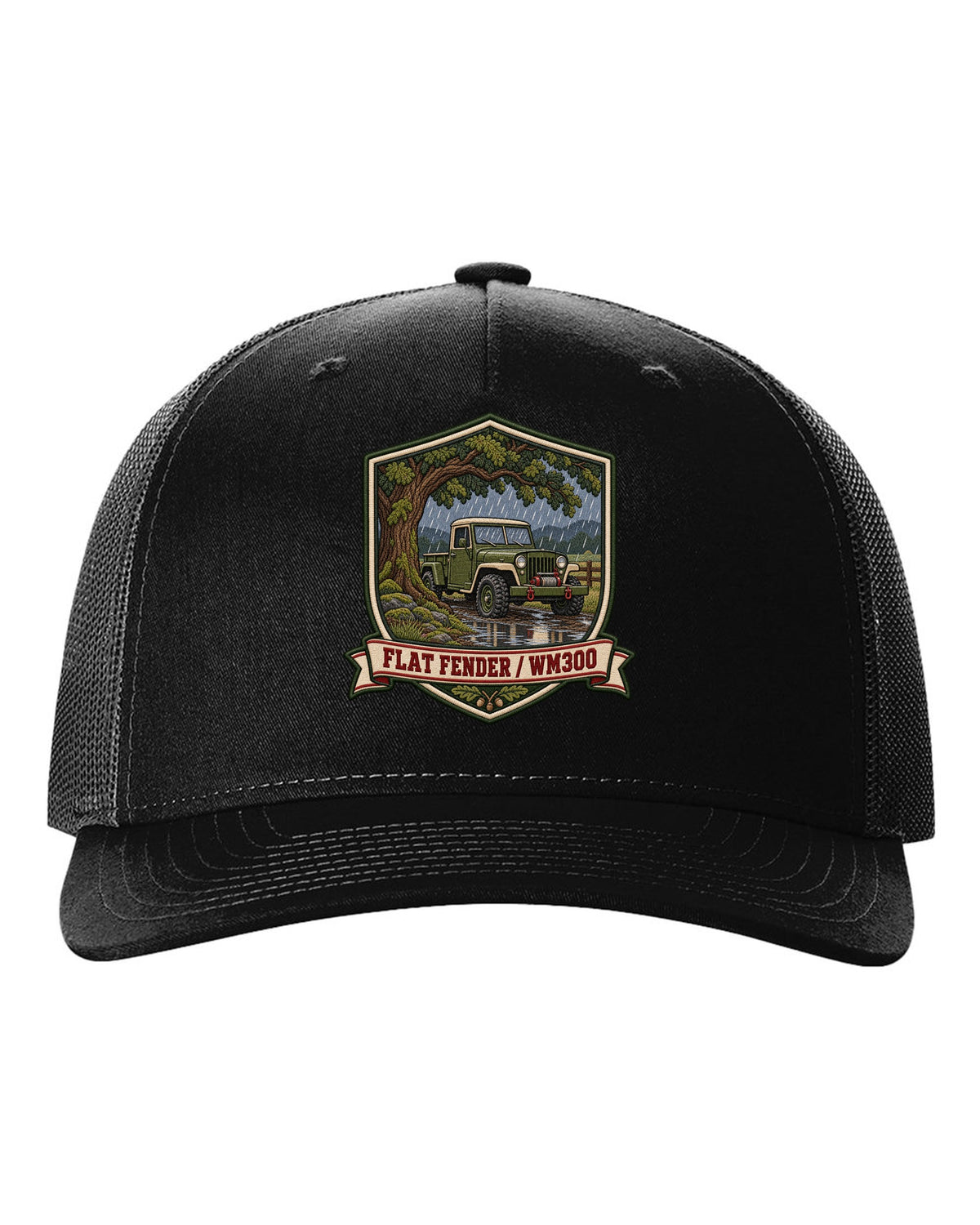 Varsity-style embroidered crest print of a Dodge Power Wagon WM300 flat fender black hat front view with the design