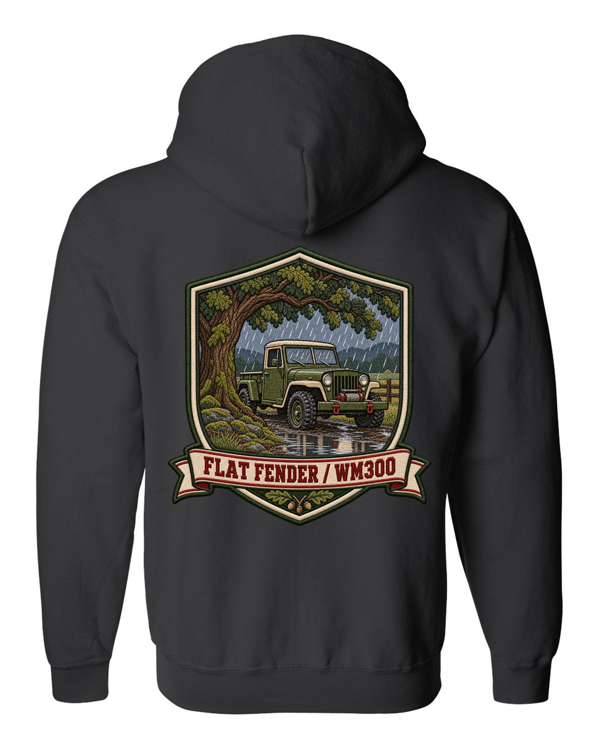 Varsity-style embroidered crest print of a Dodge Power Wagon WM300 flat fender black zip hoodie back view with the design