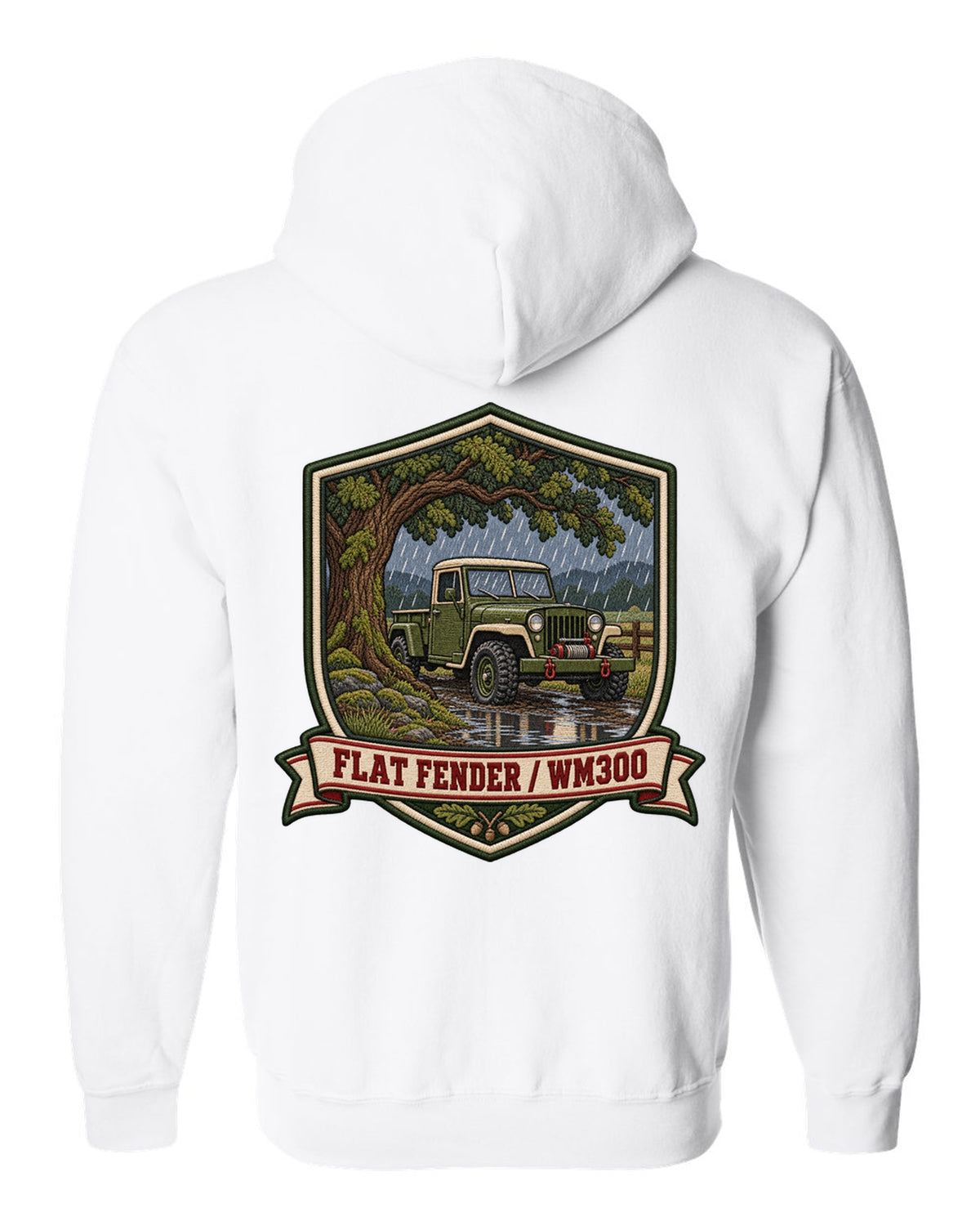 Varsity-style embroidered crest print of a Dodge Power Wagon WM300 flat fender white zip hoodie back view with the design