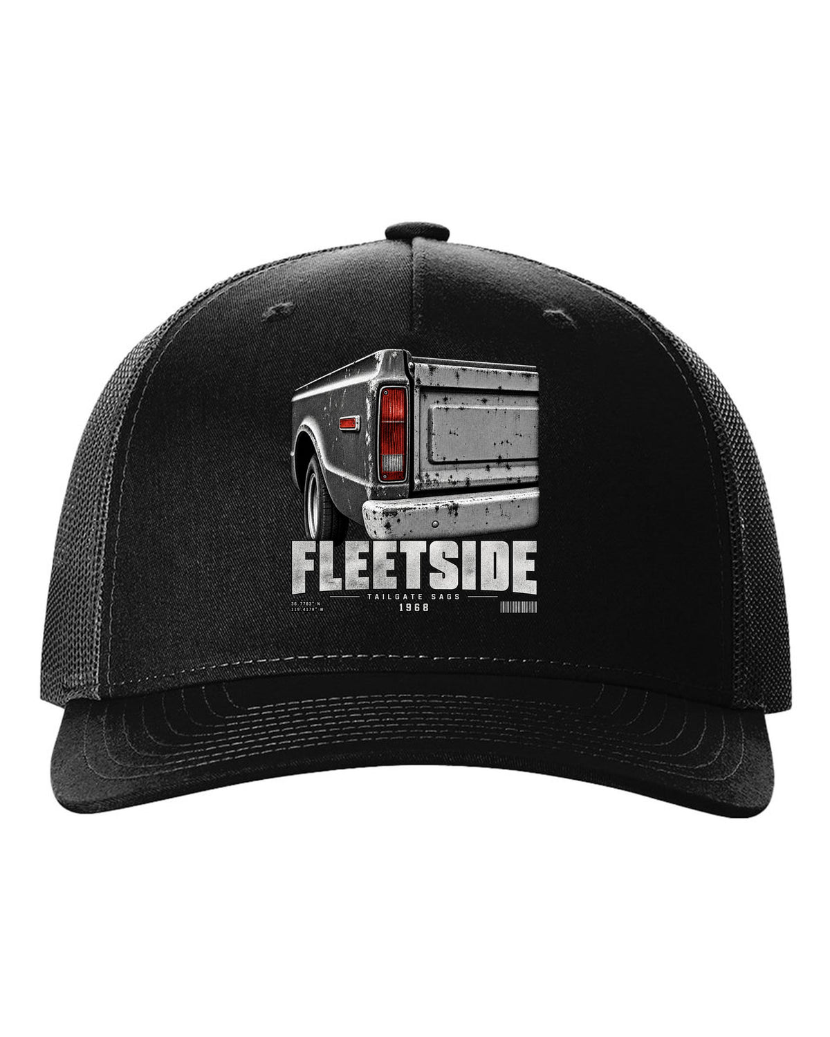 Close-up of a 1968 Chevy C10 Fleetside taillight and tailgate, print black hat front view with the design