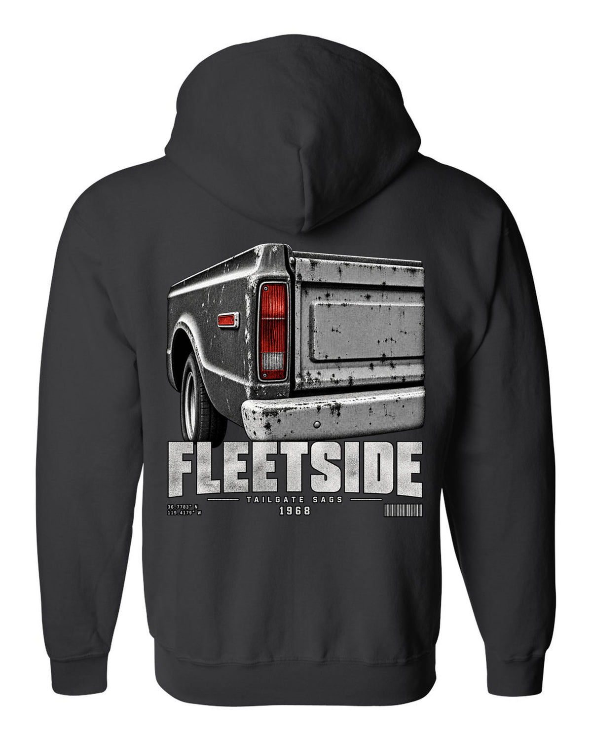 Close-up of a 1968 Chevy C10 Fleetside taillight and tailgate, print black zip hoodie back view with the design