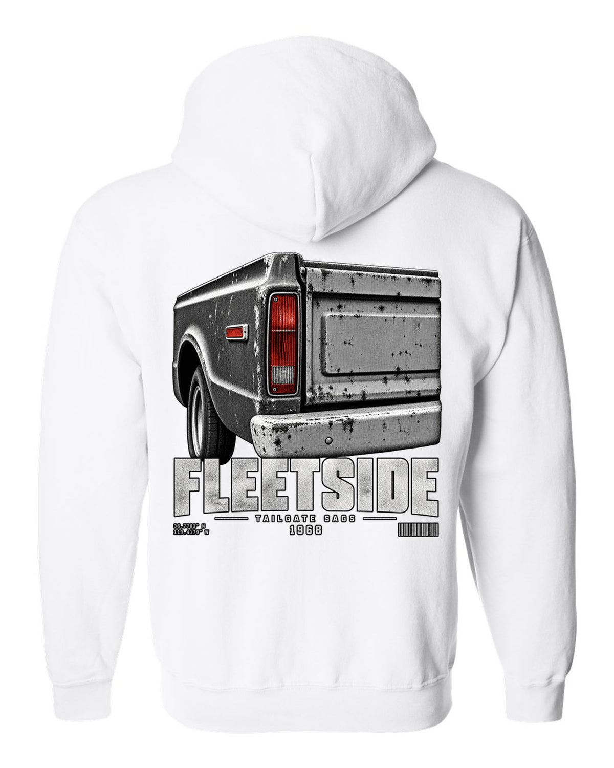 Close-up of a 1968 Chevy C10 Fleetside taillight and tailgate, print white zip hoodie back view with the design