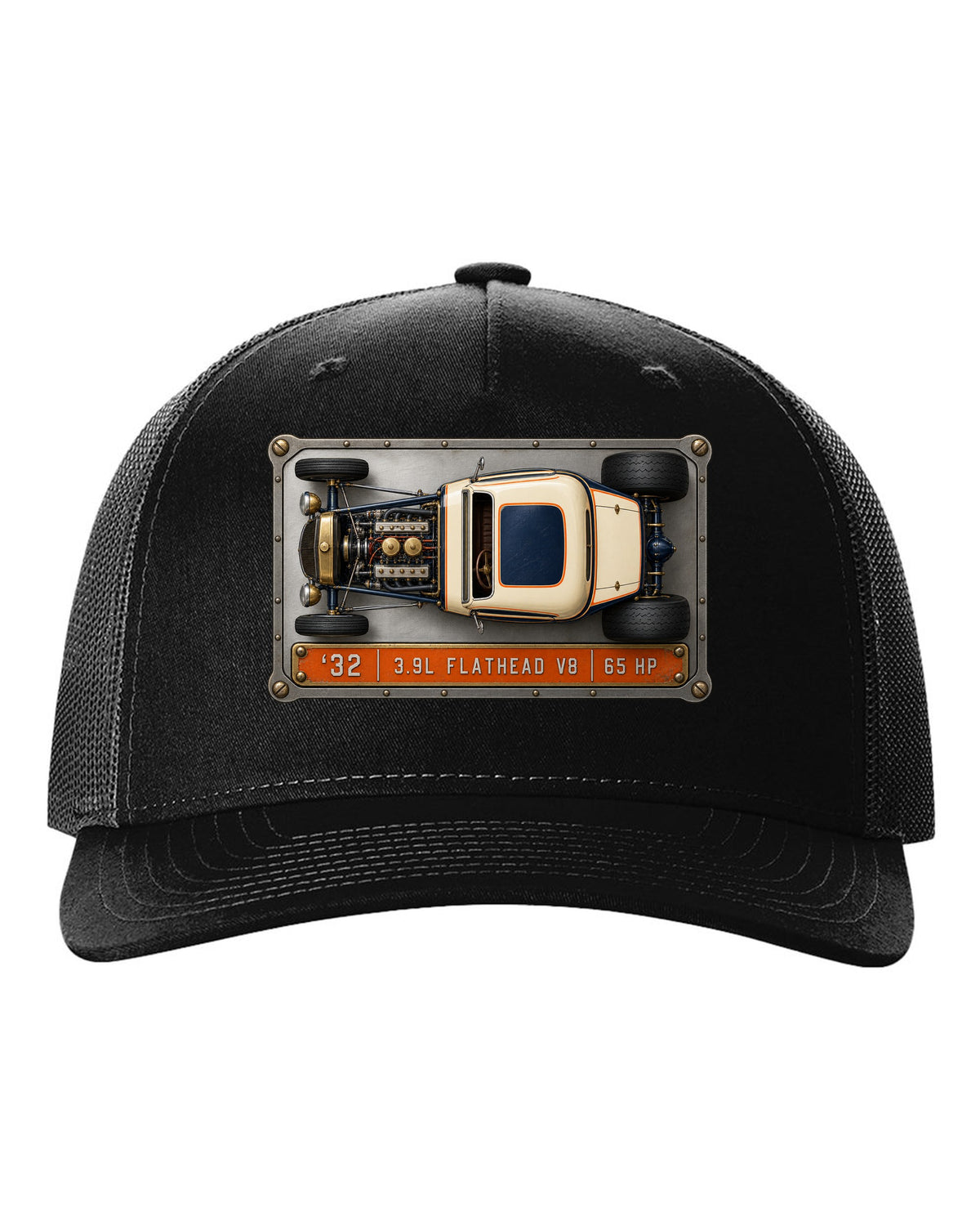 Spec sheet data plate print of a top-down 1932 Ford Deuce coupe with flathead V8 lettering black hat front view with the design