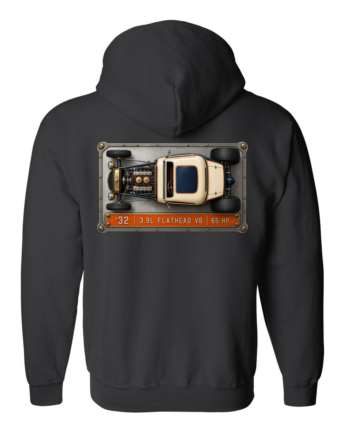 Spec sheet data plate print of a top-down 1932 Ford Deuce coupe with flathead V8 lettering black zip hoodie back view with the design