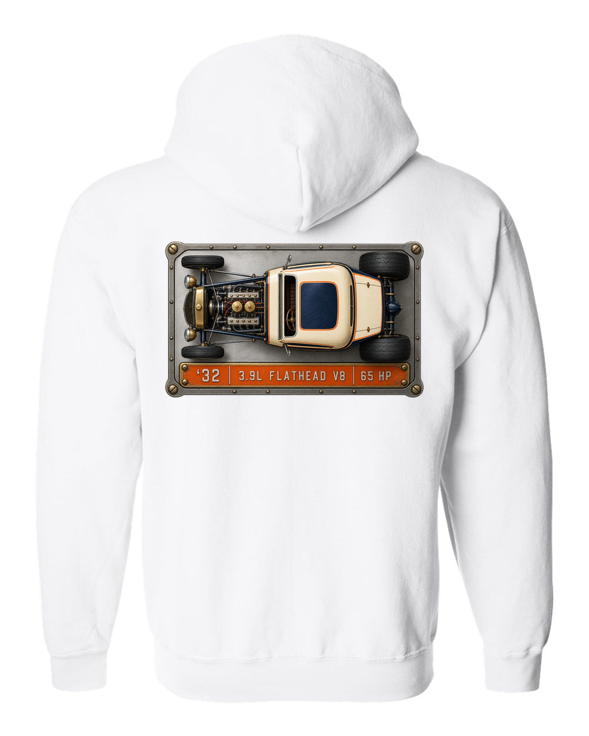 Spec sheet data plate print of a top-down 1932 Ford Deuce coupe with flathead V8 lettering white zip hoodie back view with the design