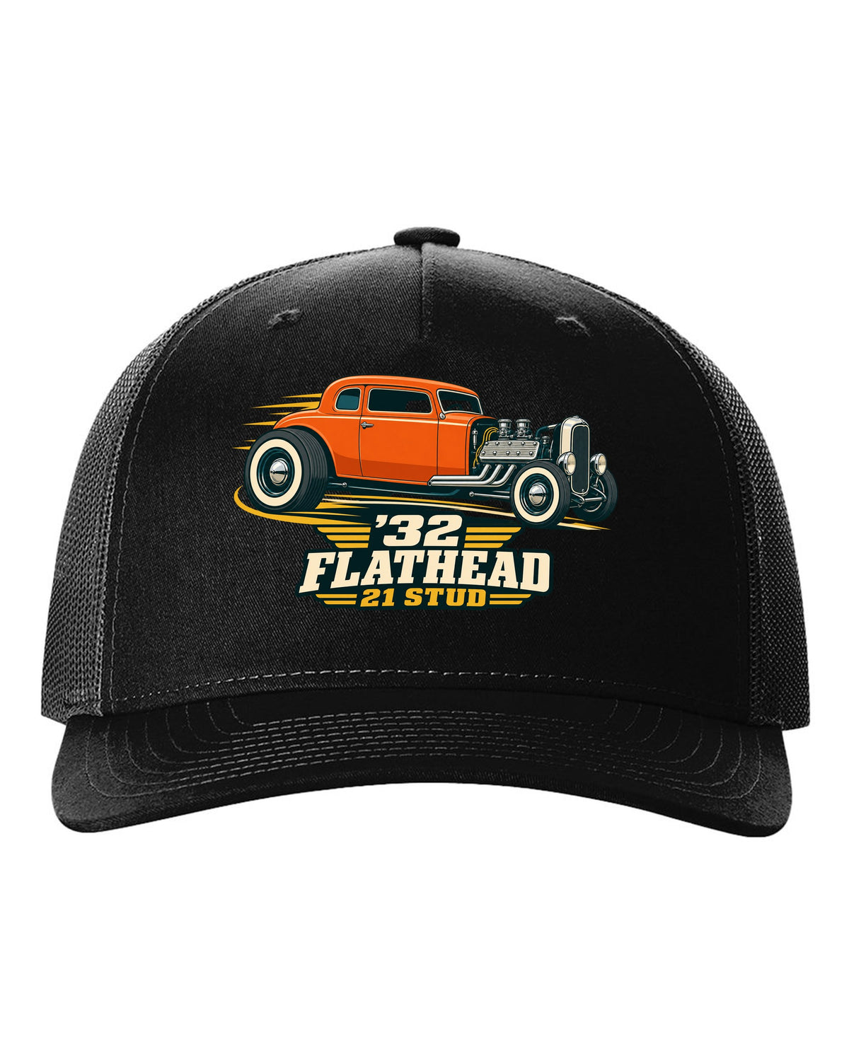 print of a two-tone flat vector 1932 Ford Deuce three-window coupe with flathead lettering black hat front view with the design