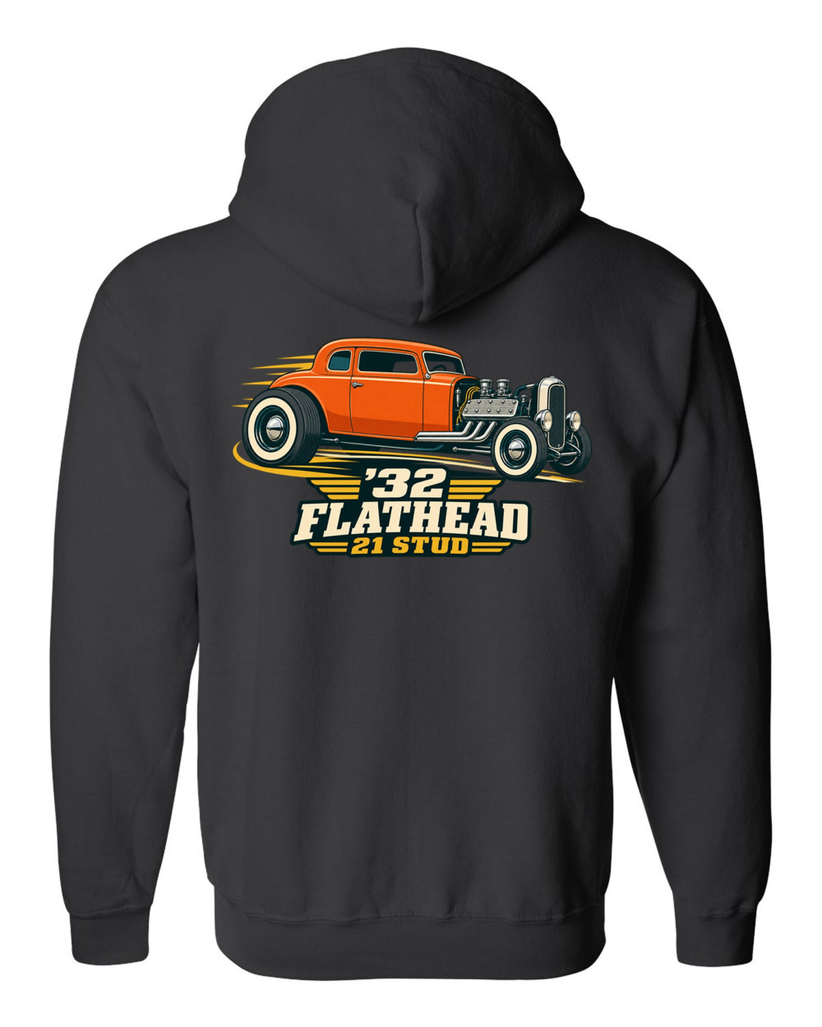 print of a two-tone flat vector 1932 Ford Deuce three-window coupe with flathead lettering black zip hoodie back view with the design