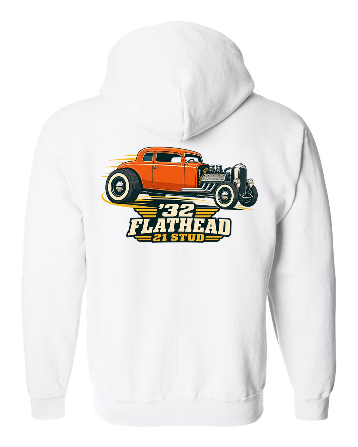 print of a two-tone flat vector 1932 Ford Deuce three-window coupe with flathead lettering white zip hoodie back view with the design