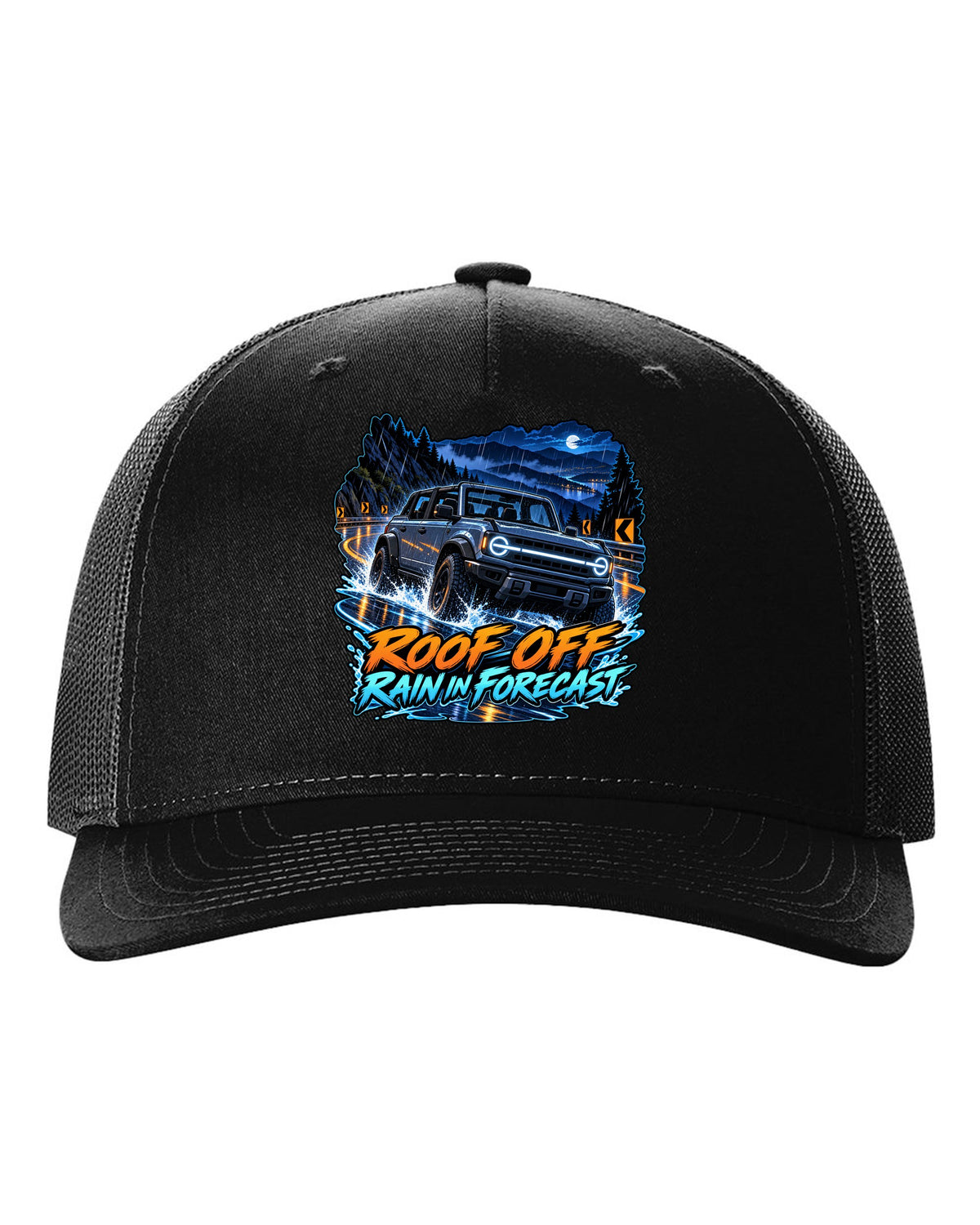 Cel-shaded anime night garage print of a 2021 Ford Bronco 4-door 6G with roof off black hat front view with the design