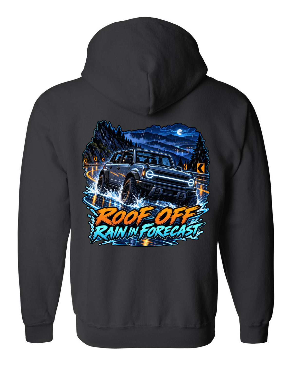 Cel-shaded anime night garage print of a 2021 Ford Bronco 4-door 6G with roof off black zip hoodie back view with the design