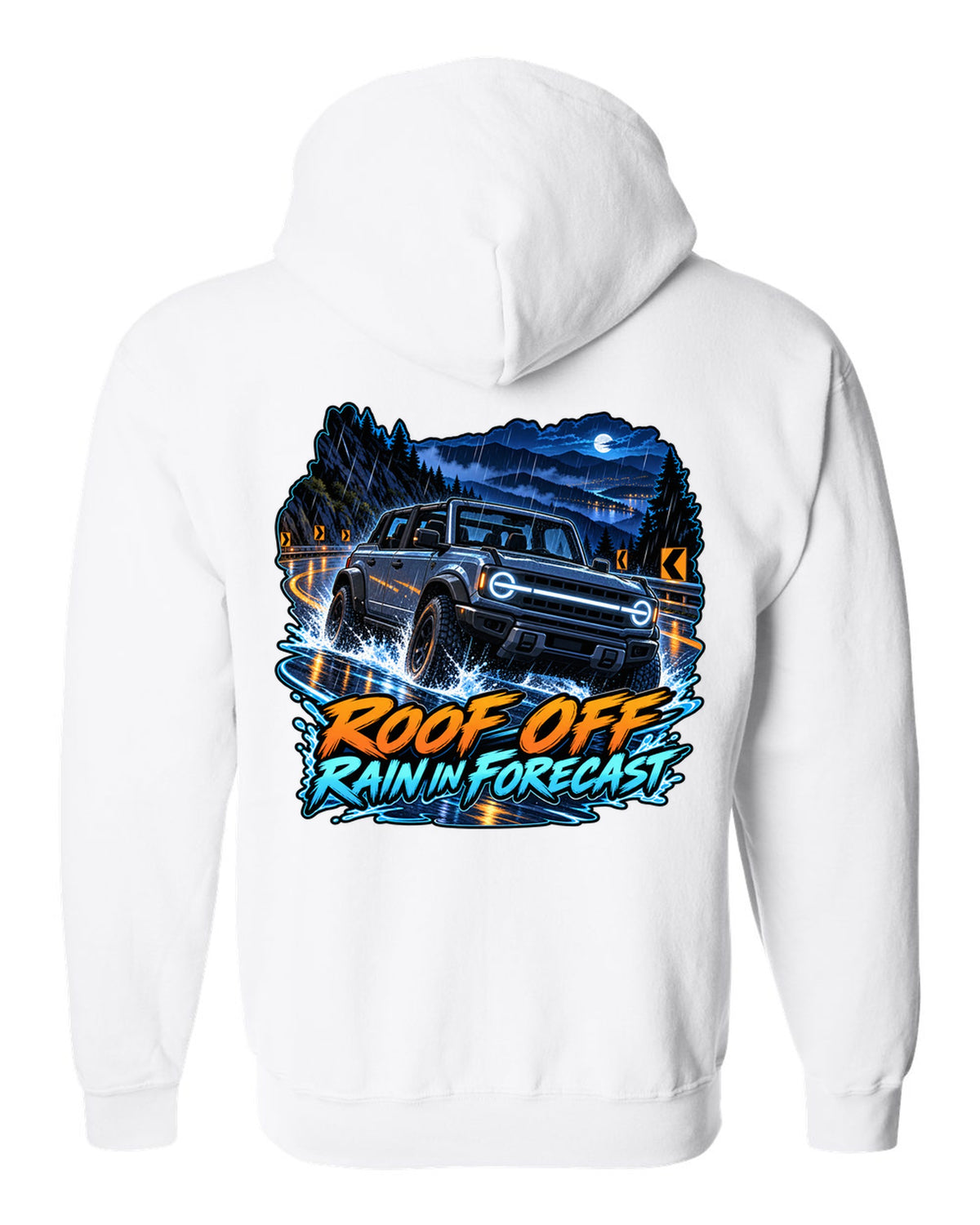 Cel-shaded anime night garage print of a 2021 Ford Bronco 4-door 6G with roof off white zip hoodie back view with the design