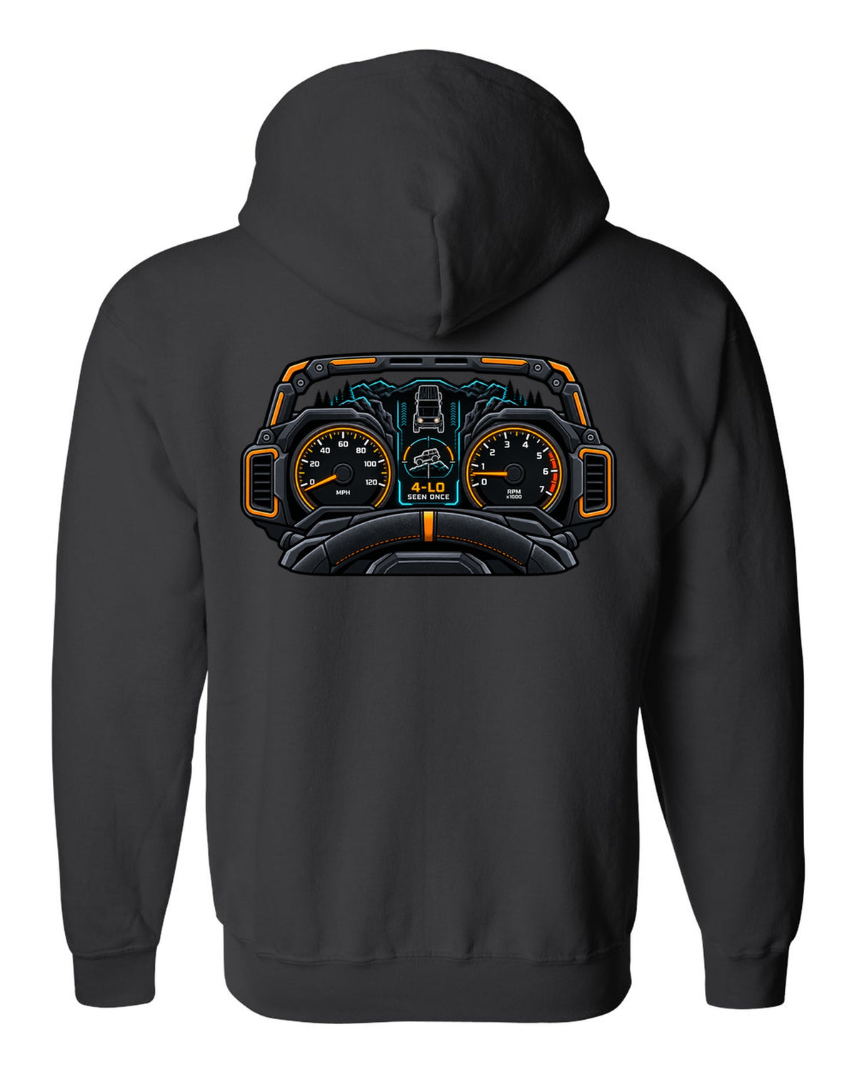 Ford Bronco 6G U725 gauge cluster HUD print black zip hoodie back view with the design