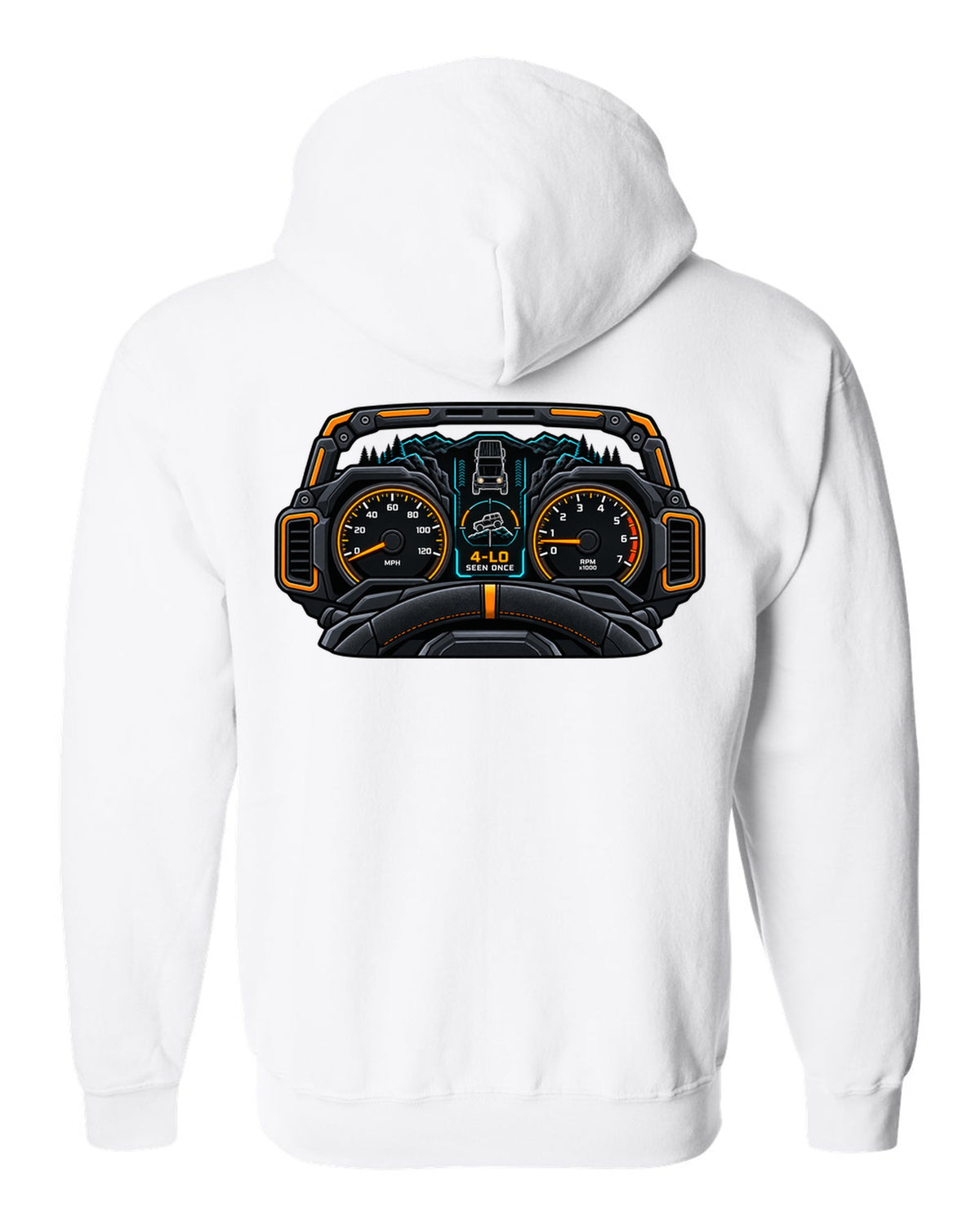 Ford Bronco 6G U725 gauge cluster HUD print white zip hoodie back view with the design