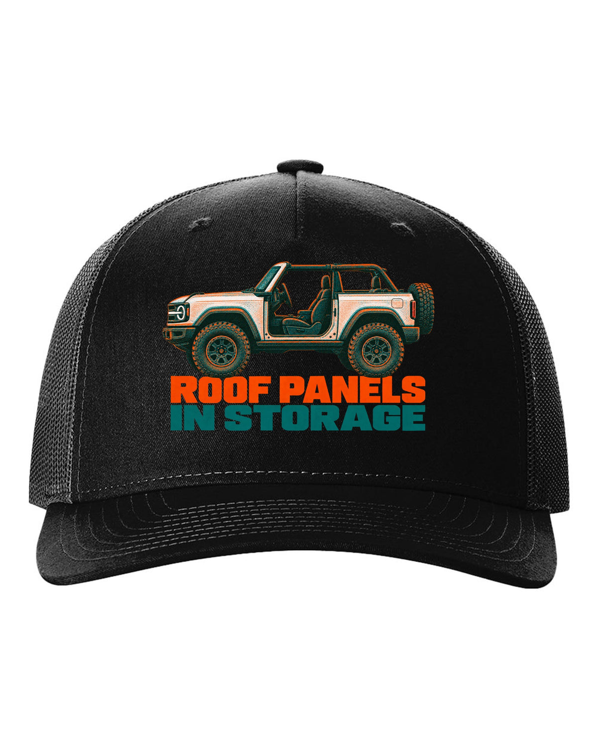Risograph two-colour print of the Ford Bronco two-door U725 with roof panels in storage text black hat front view with the design