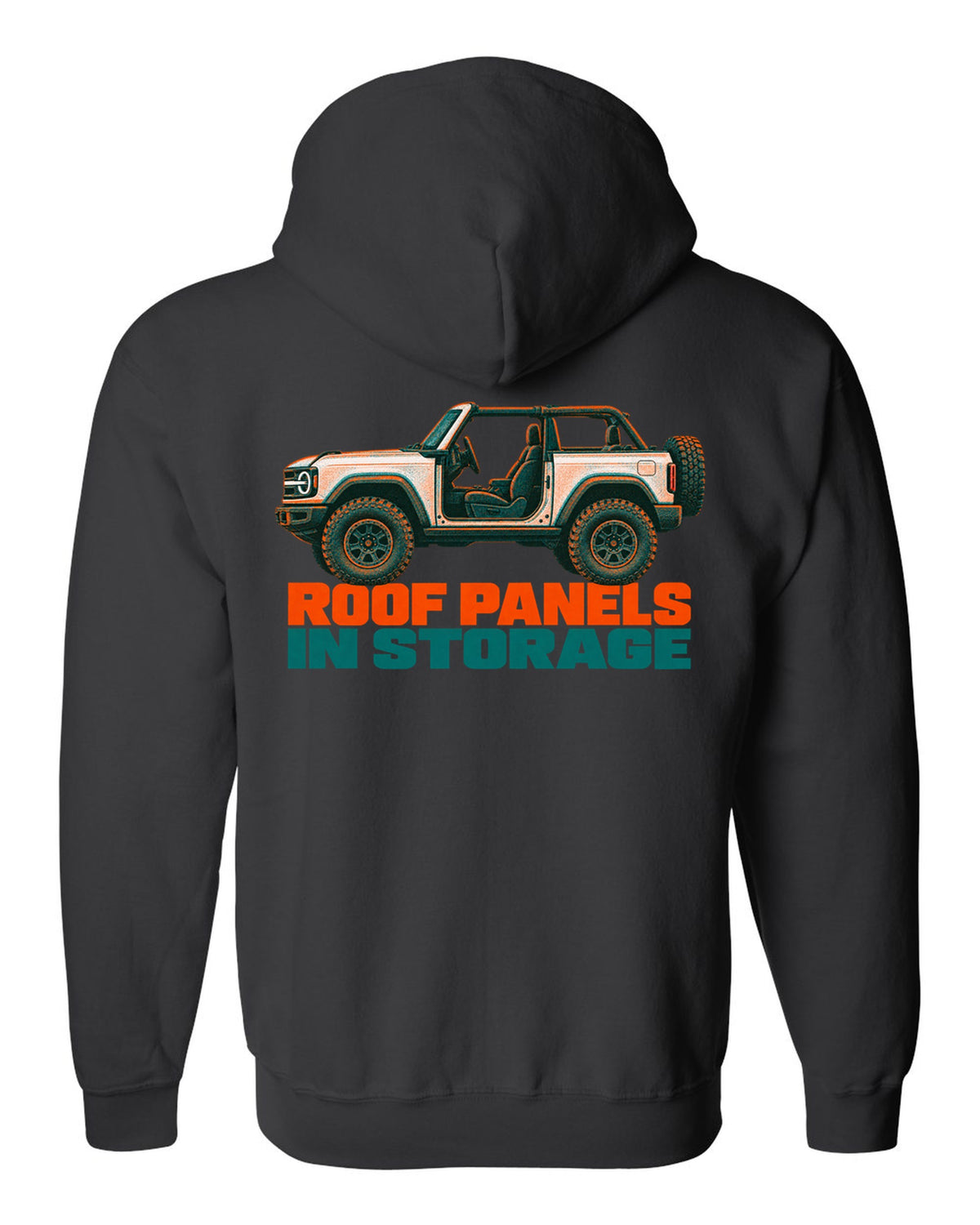 Risograph two-colour print of the Ford Bronco two-door U725 with roof panels in storage text black zip hoodie back view with the design