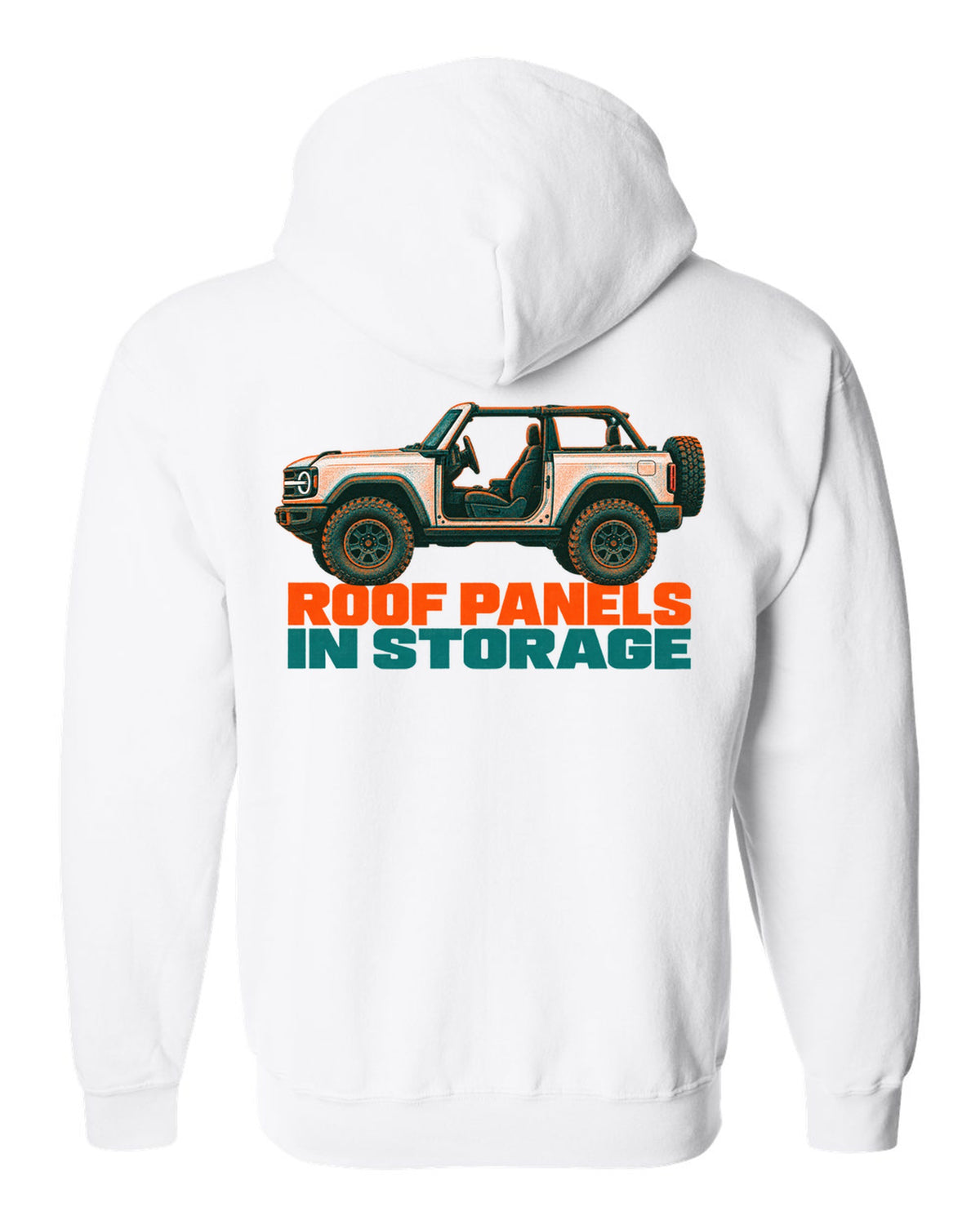 Risograph two-colour print of the Ford Bronco two-door U725 with roof panels in storage text white zip hoodie back view with the design