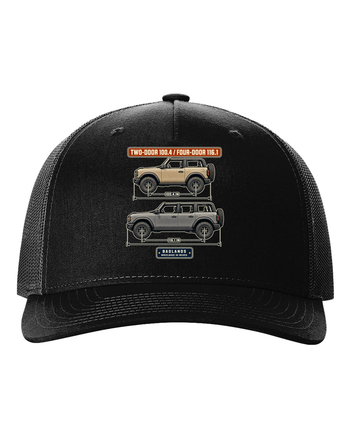 Ford Bronco Badlands two-door and four-door wheelbase blueprint print black hat front view with the design