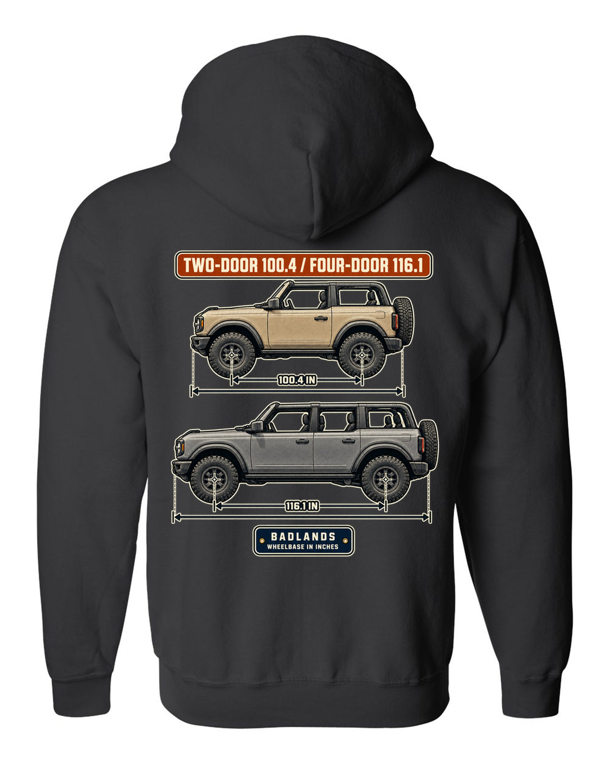 Ford Bronco Badlands two-door and four-door wheelbase blueprint print black zip hoodie back view with the design