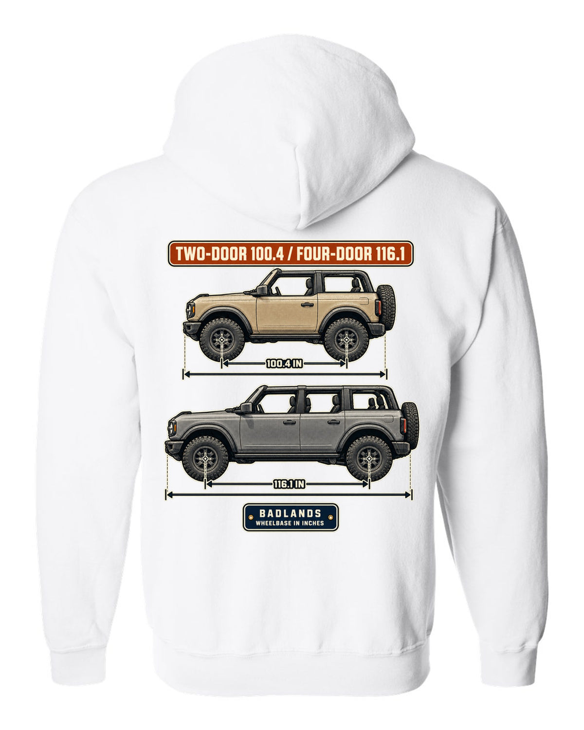 Ford Bronco Badlands two-door and four-door wheelbase blueprint print white zip hoodie back view with the design