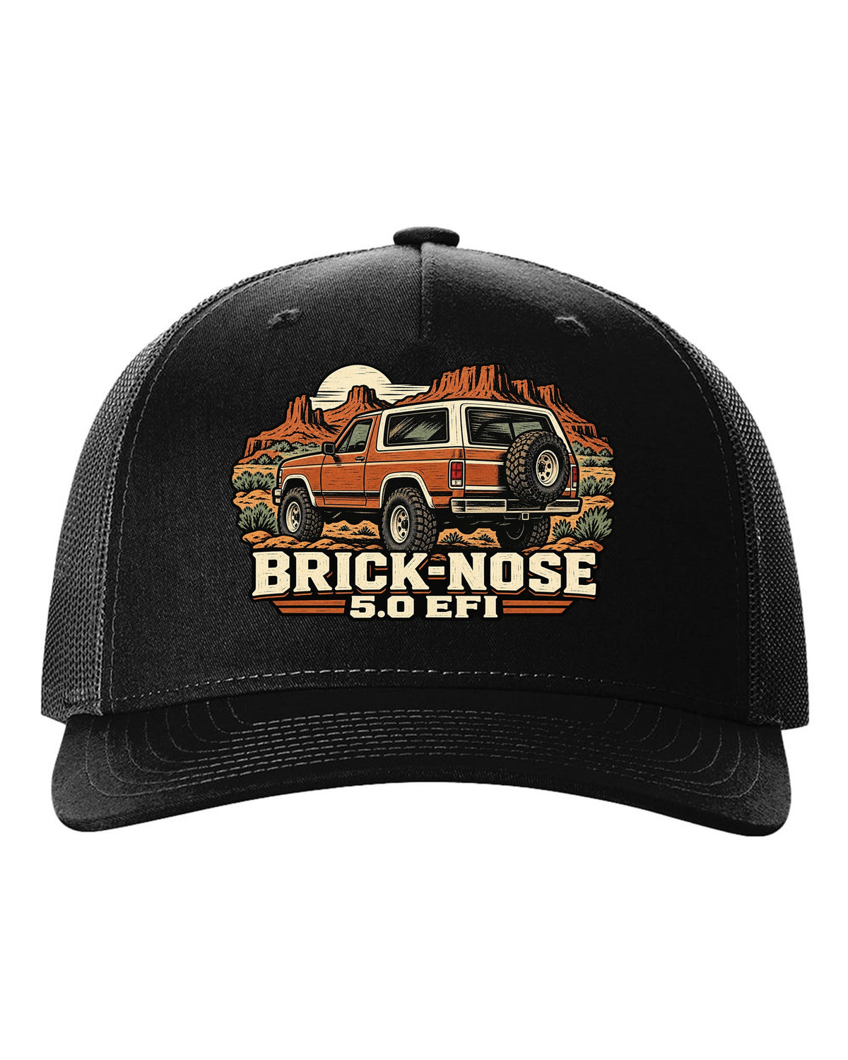 Ford Bronco Brick-Nose 1987-1991 rear in a linocut woodcut print black hat front view with the design