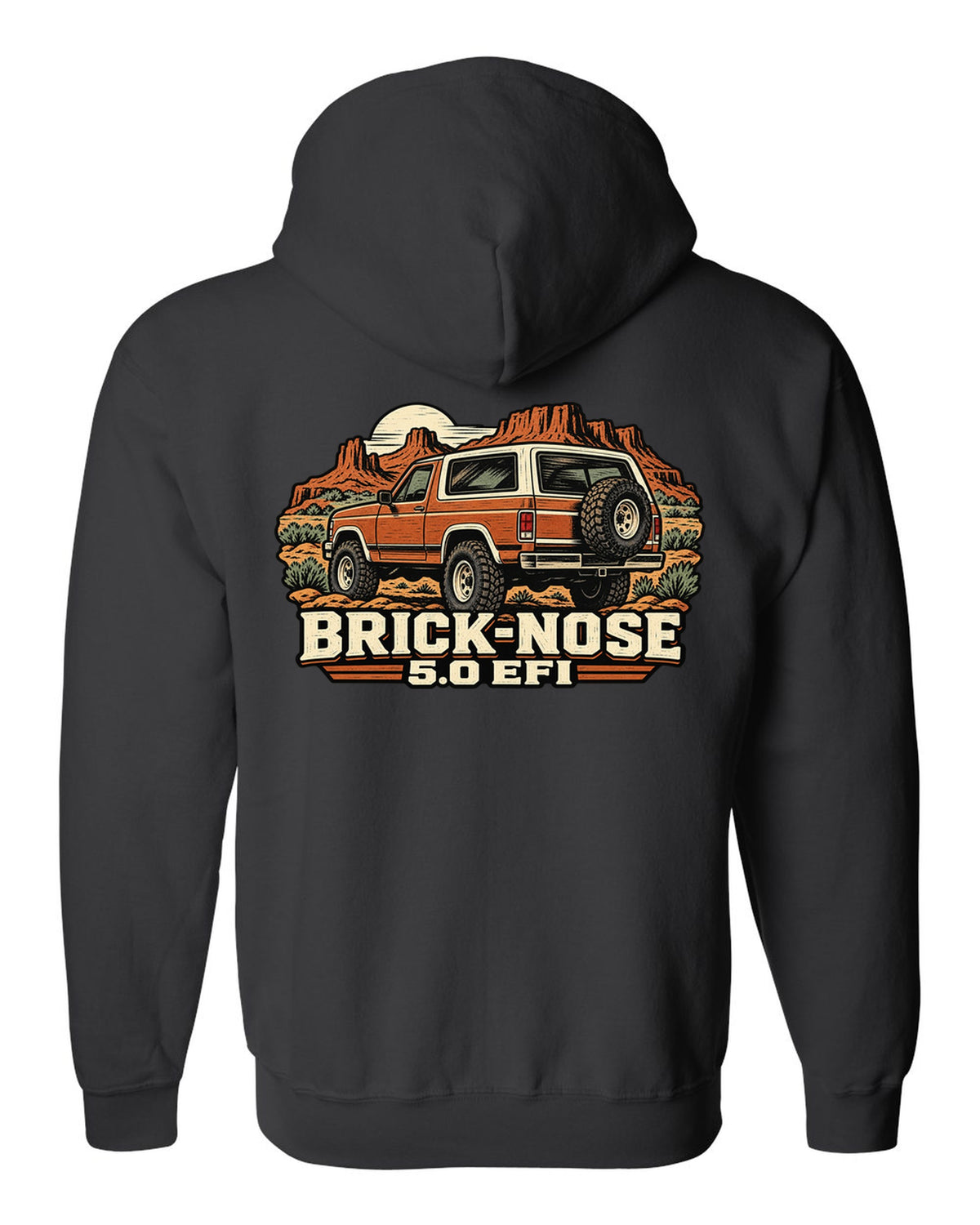 Ford Bronco Brick-Nose 1987-1991 rear in a linocut woodcut print black zip hoodie back view with the design