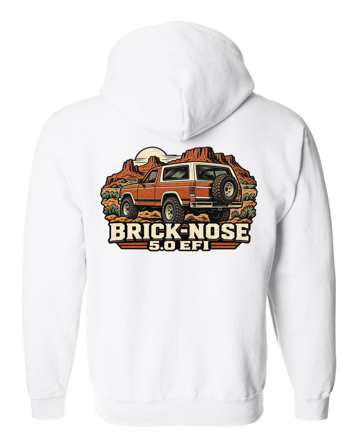 Ford Bronco Brick-Nose 1987-1991 rear in a linocut woodcut print white zip hoodie back view with the design