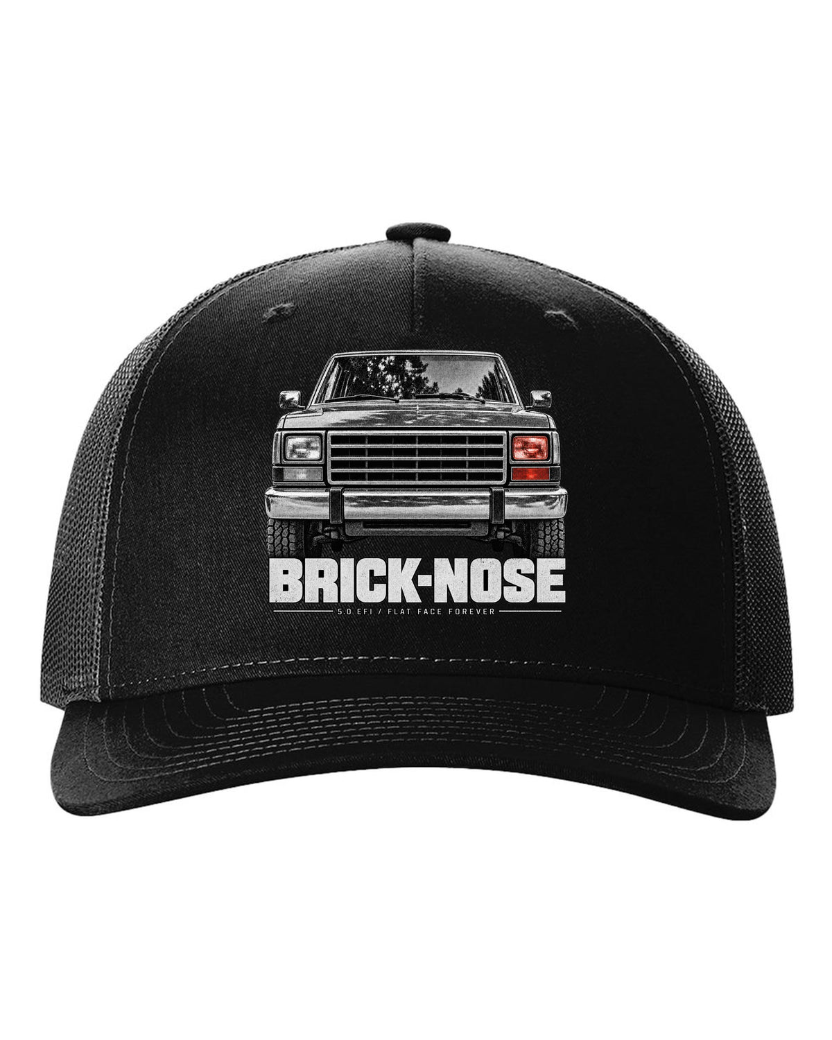 Ford Bronco Brick-Nose 1987-91 taillight macro print with 5.0 EFI text black hat front view with the design