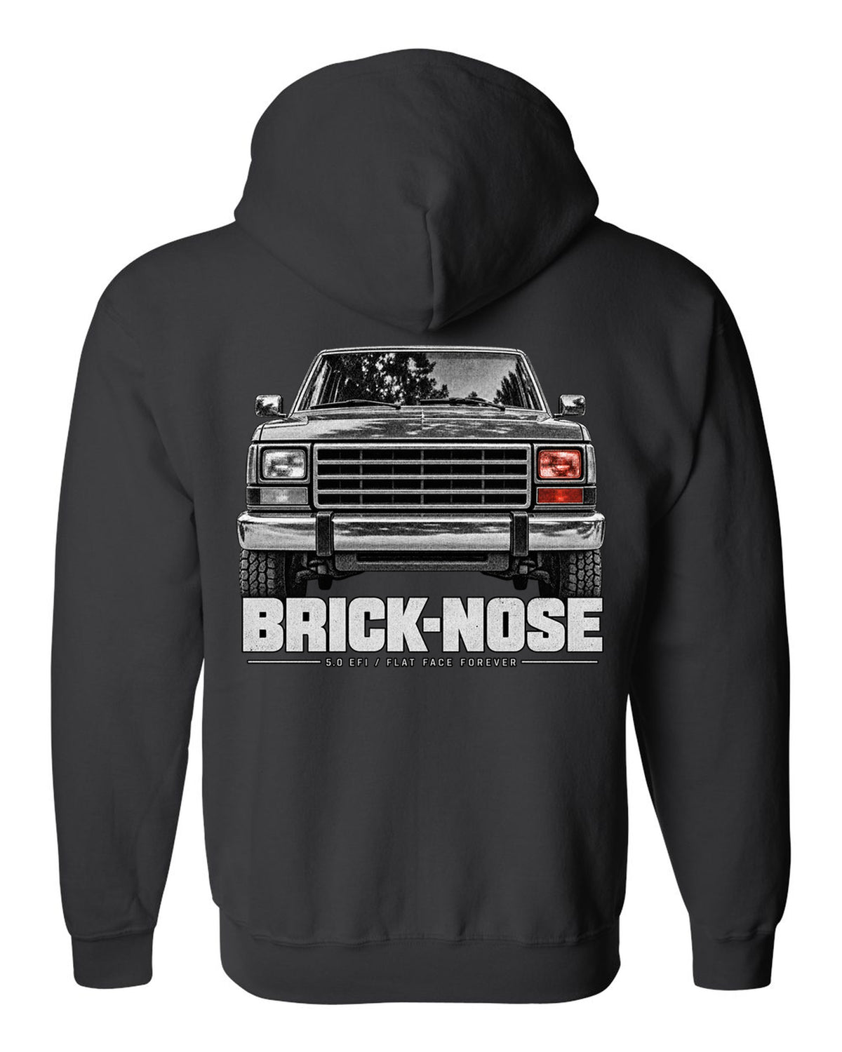 Ford Bronco Brick-Nose 1987-91 taillight macro print with 5.0 EFI text black zip hoodie back view with the design