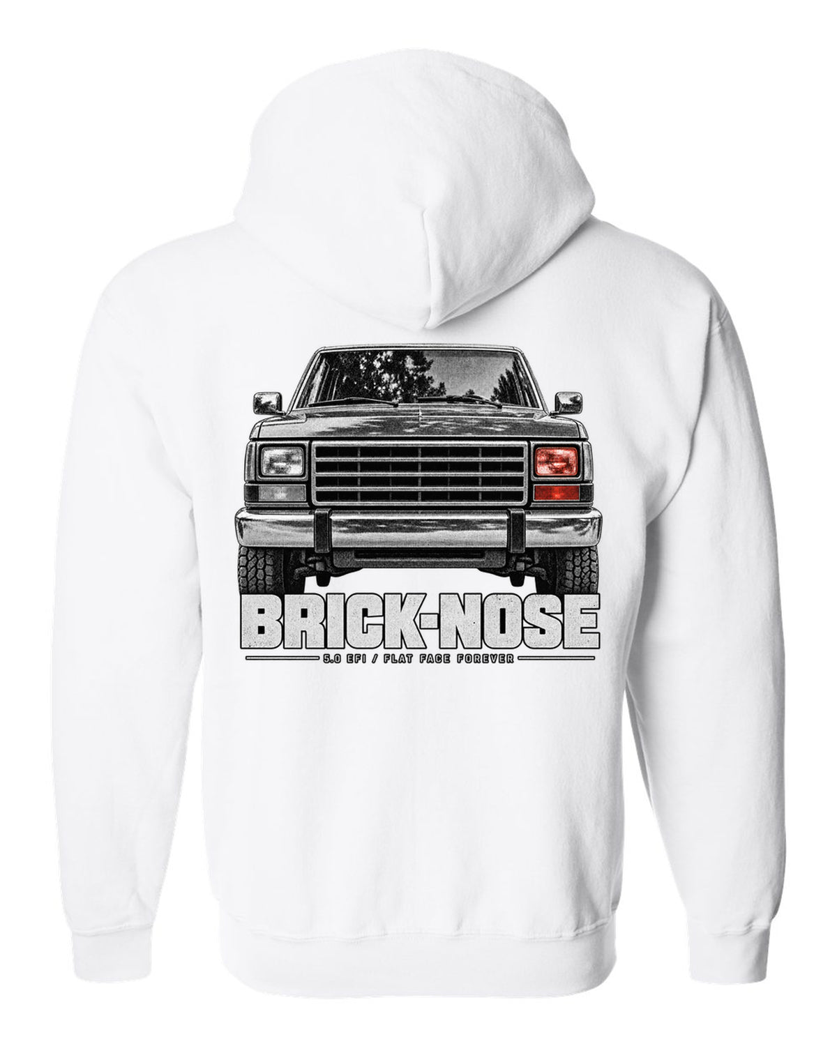 Ford Bronco Brick-Nose 1987-91 taillight macro print with 5.0 EFI text white zip hoodie back view with the design