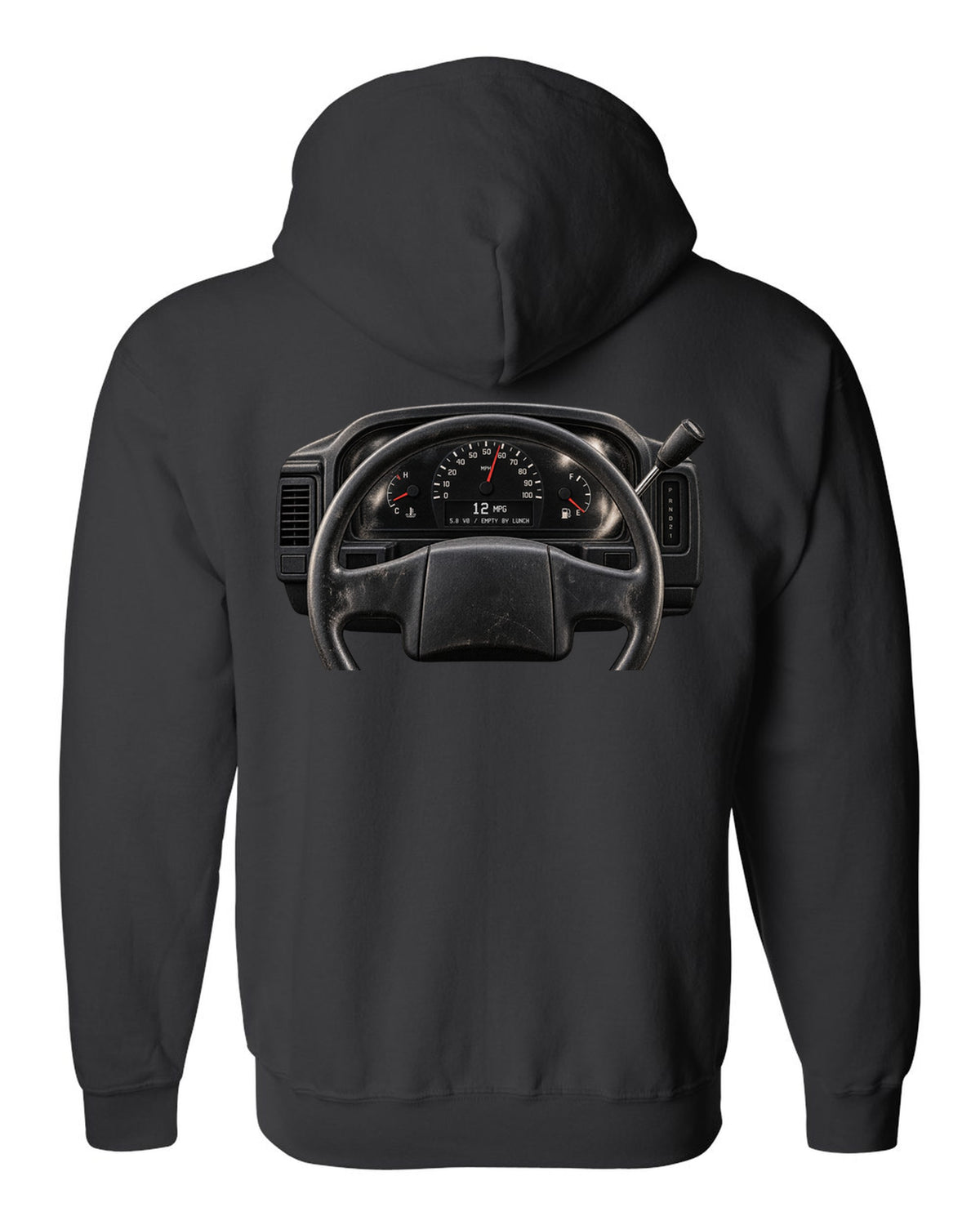 Gauge cluster print of a 1992-96 Ford Bronco OBS with 5.8 V8 and 12 MPG text black zip hoodie back view with the design