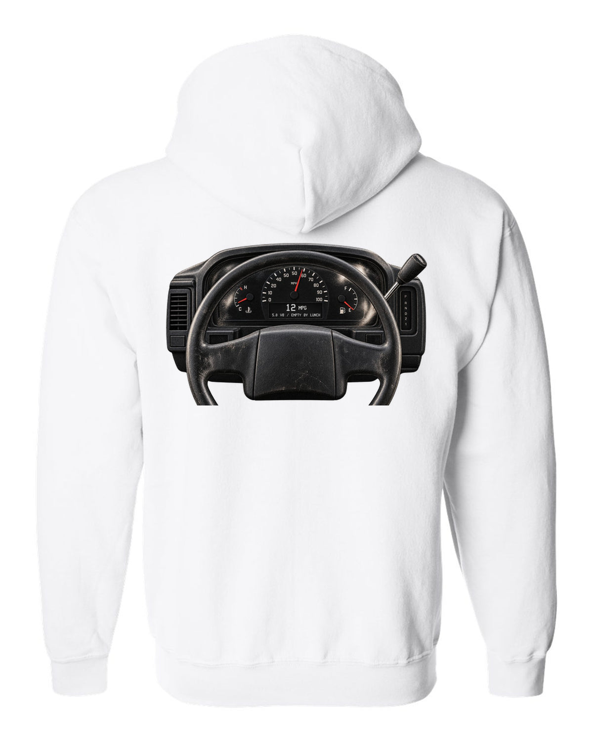 Gauge cluster print of a 1992-96 Ford Bronco OBS with 5.8 V8 and 12 MPG text white zip hoodie back view with the design