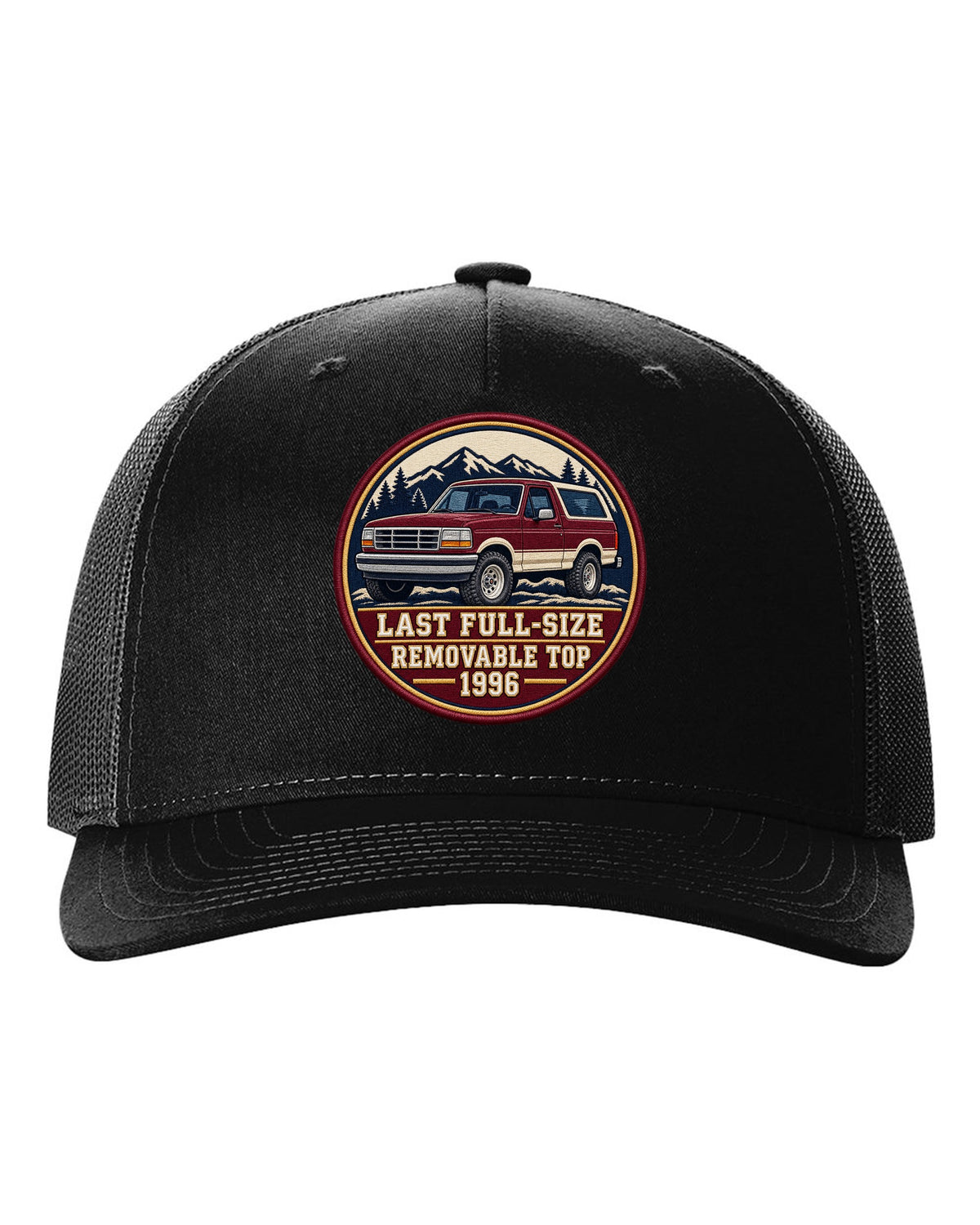 Round varsity crest print for a 1992-96 Ford Bronco OBS with removable top text black hat front view with the design