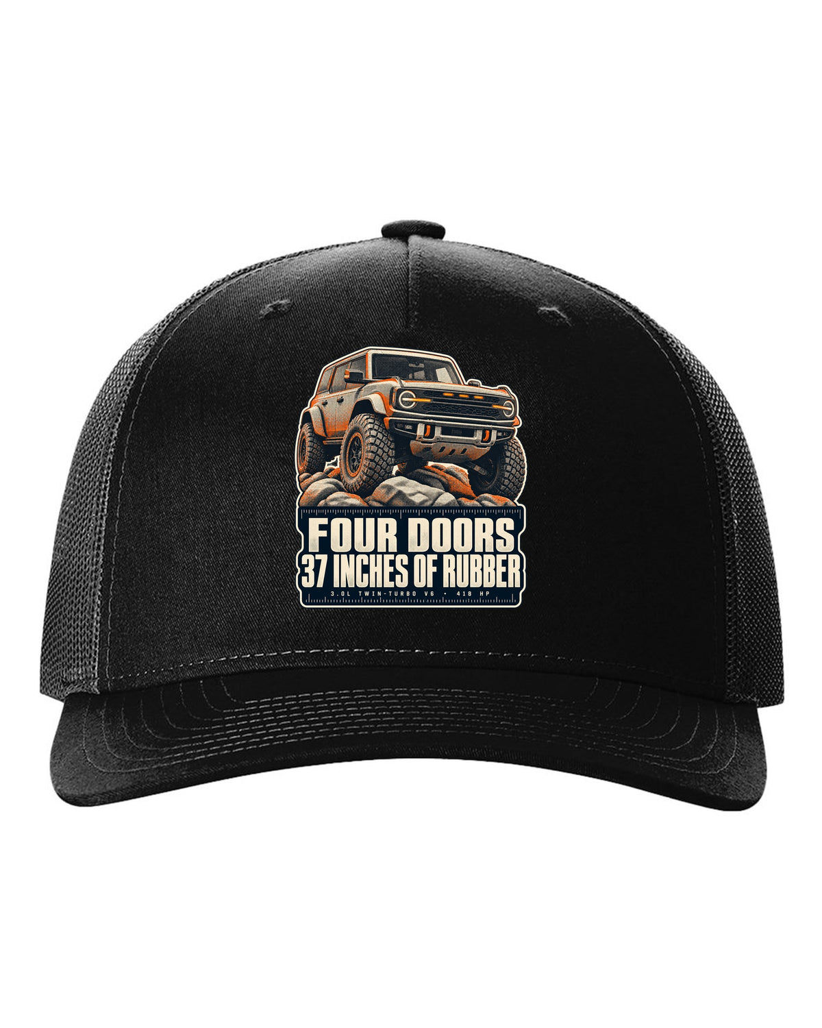 Ford Bronco Raptor halftone print with four doors 37 inches text black hat front view with the design
