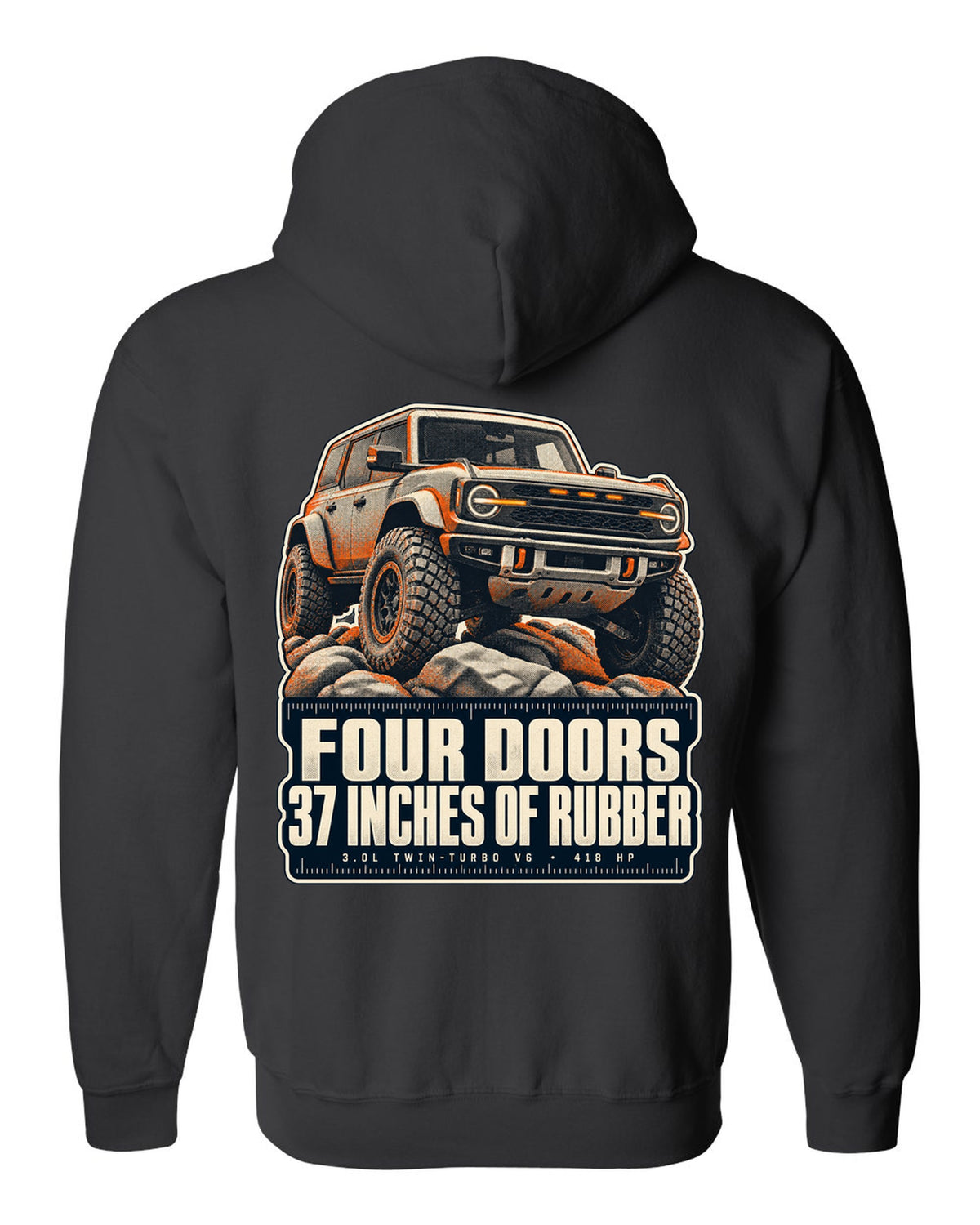 Ford Bronco Raptor halftone print with four doors 37 inches text black zip hoodie back view with the design