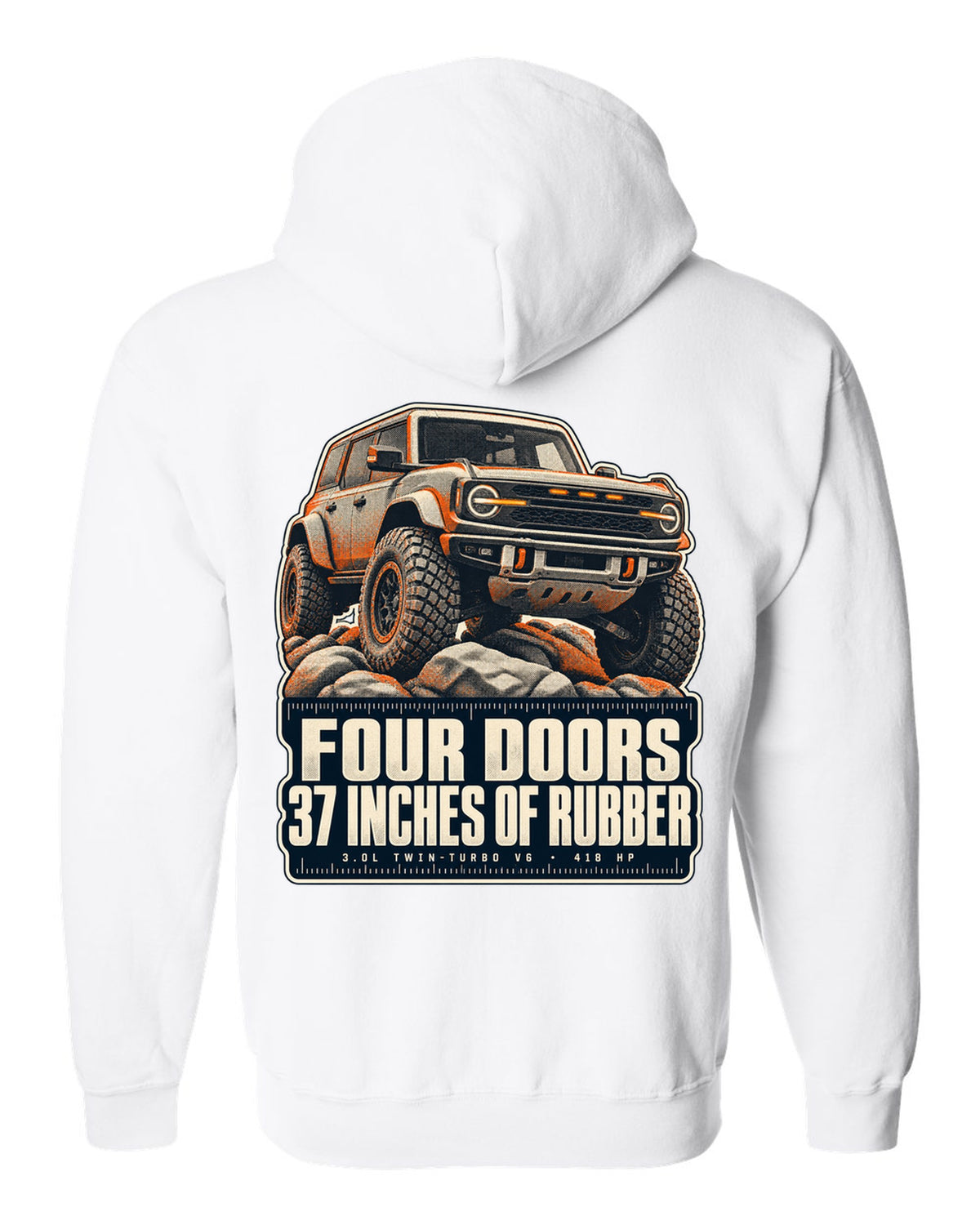 Ford Bronco Raptor halftone print with four doors 37 inches text white zip hoodie back view with the design