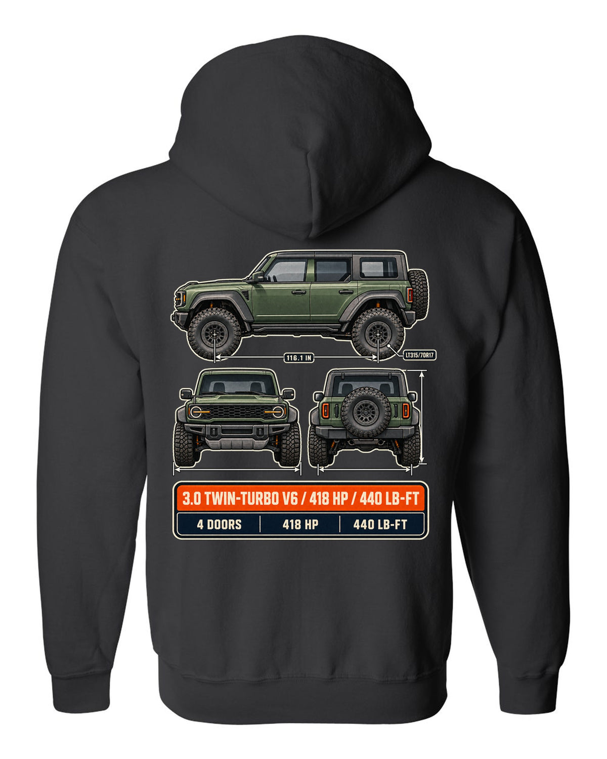 Ford Bronco Raptor three-view drawing with spec table print black zip hoodie back view with the design