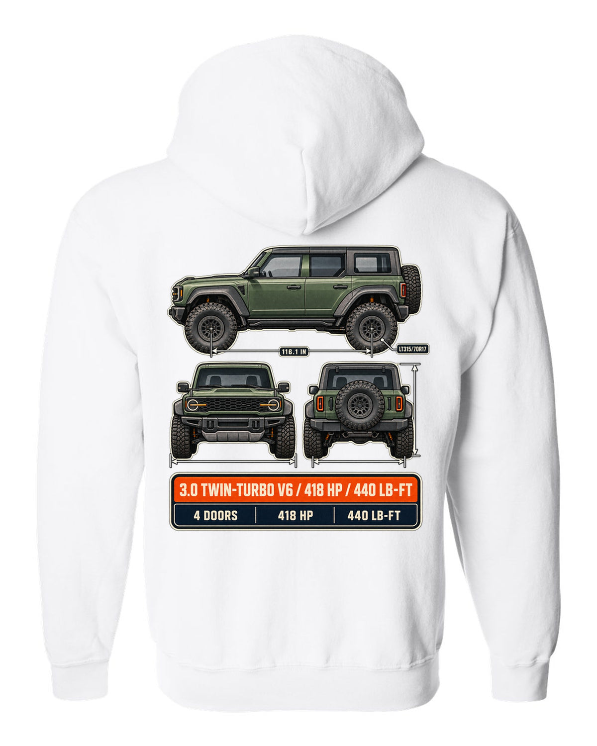 Ford Bronco Raptor three-view drawing with spec table print white zip hoodie back view with the design
