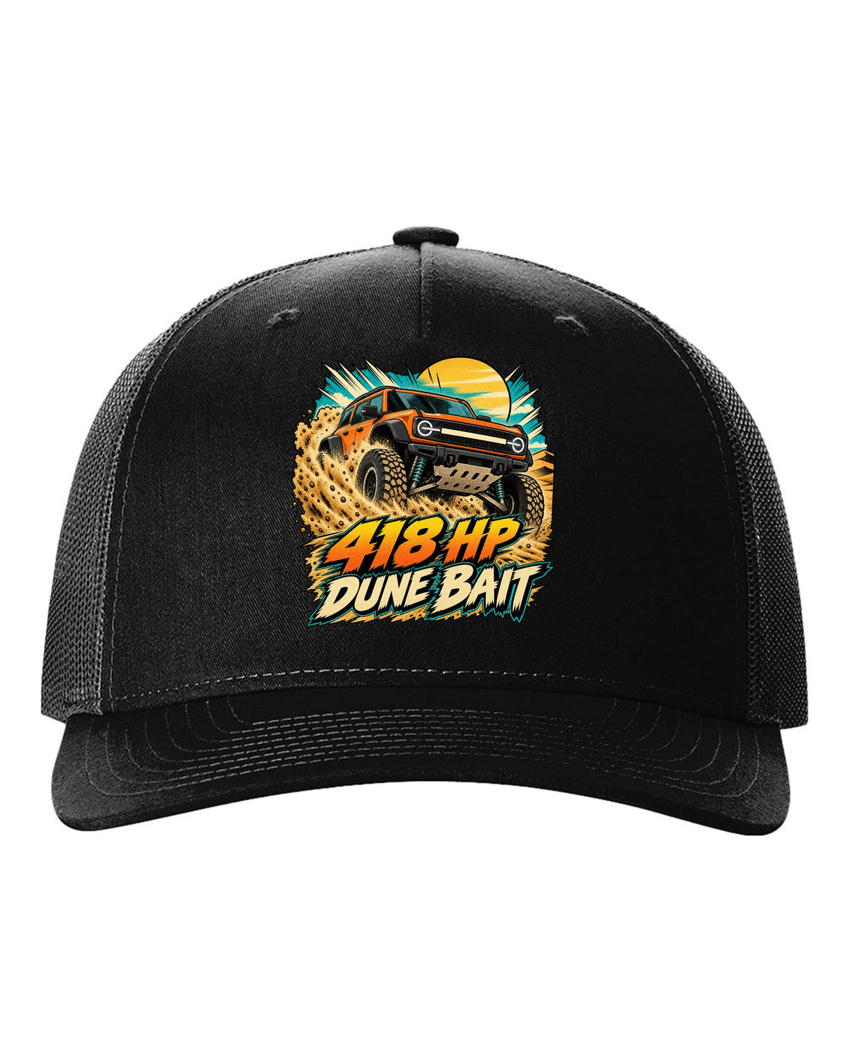 Ford Bronco Raptor U725 in a retro manga halftone dune panel print black hat front view with the design