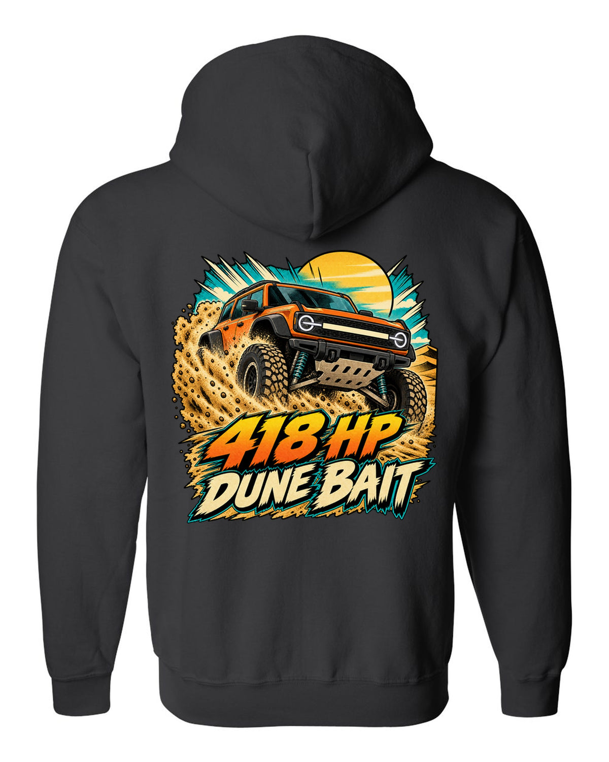 Ford Bronco Raptor U725 in a retro manga halftone dune panel print black zip hoodie back view with the design