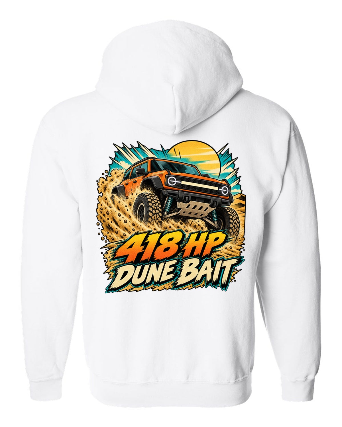 Ford Bronco Raptor U725 in a retro manga halftone dune panel print white zip hoodie back view with the design