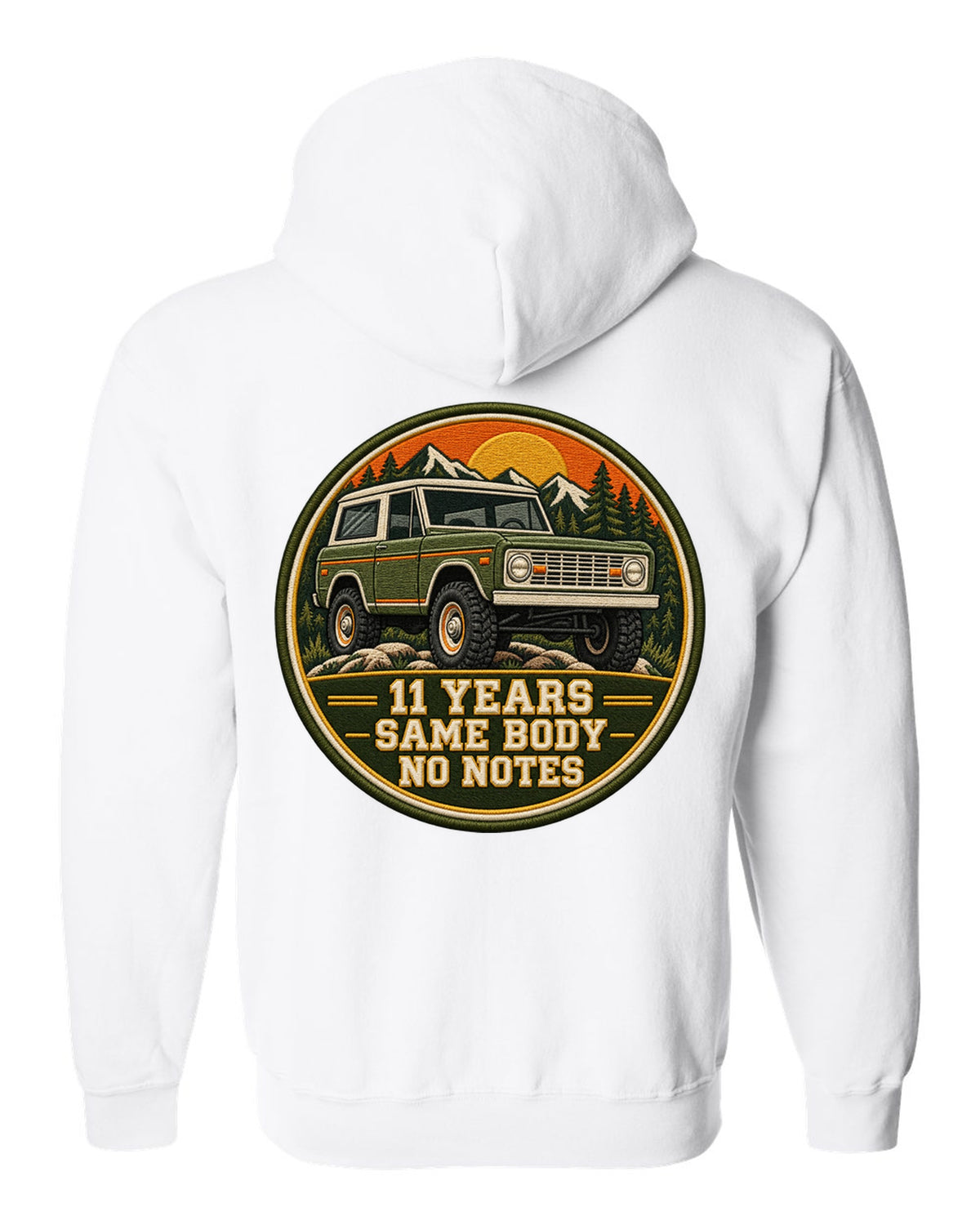 Varsity crest print for a 1966-77 Ford Bronco U15 wagon with 11 years same body text white zip hoodie back view with the design