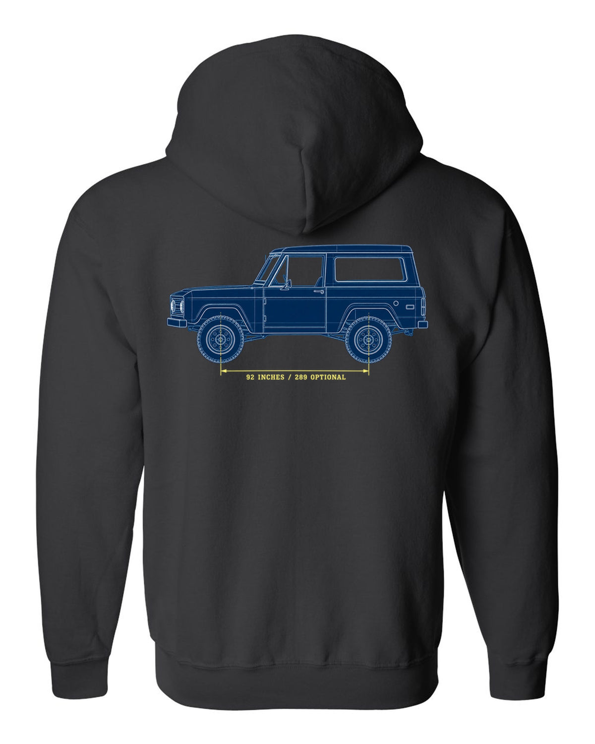 Patent-sheet blueprint drawing of a 1966-77 Ford Bronco U15 wagon with 92 INCHES and 289 OPTIONAL notes black zip hoodie back view with the design